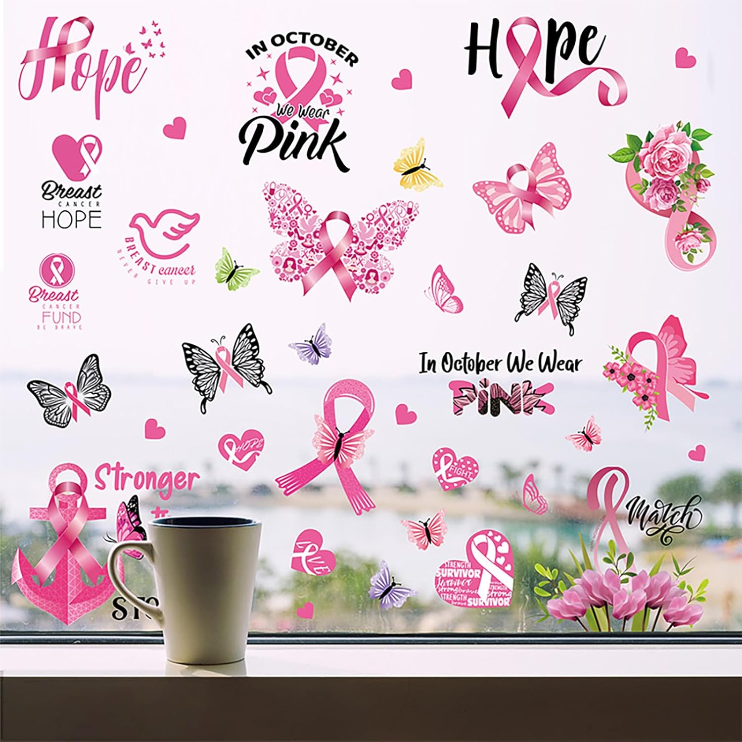 Breast Cancer Awareness Window Clings 9 Sheets Pink Ribbon