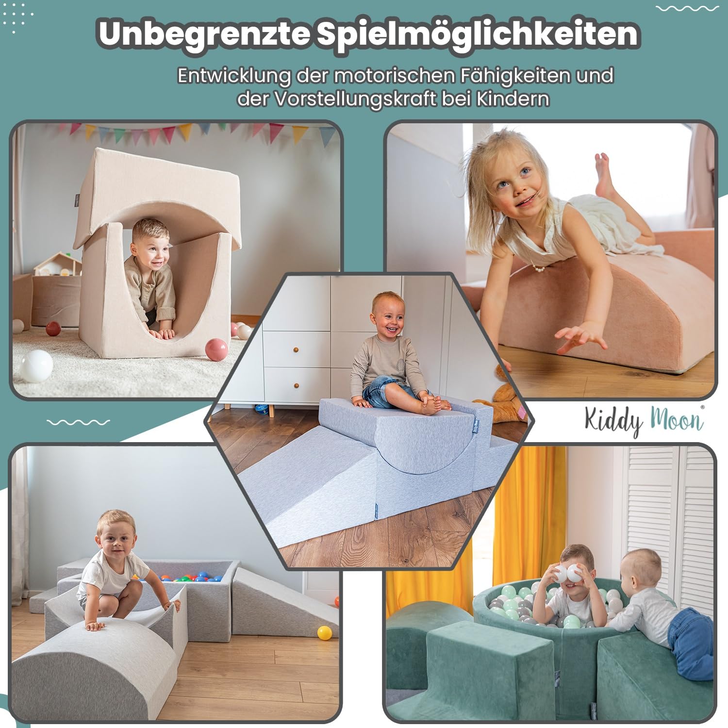 KiddyMoon Spielplatz Aus Schaumstoff Mit Quadrat Bällebad (300 Bälle) Ballgruben Für Babys Spielbad Hindernisläufen, Hergestellt In Der EU, Hellgrau:Gelb/Grün/Blau/Rot/Orange
