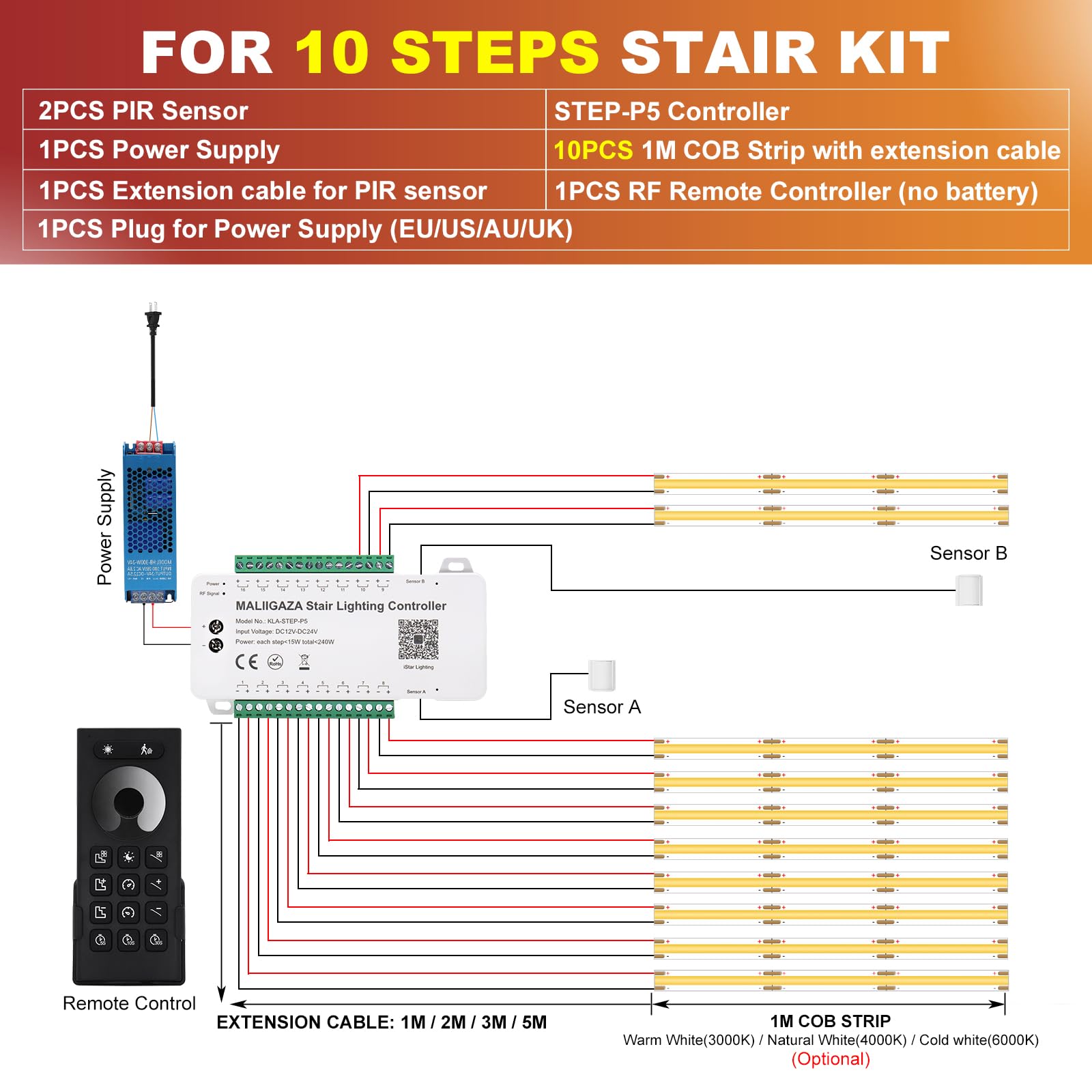 Illuminazione LED per scale, 10 livelli, bianco caldo, 3000 K, Smart Stair Light con app, telecomando RF e sensore di movimento PIR, set di strisce LED COB per interni