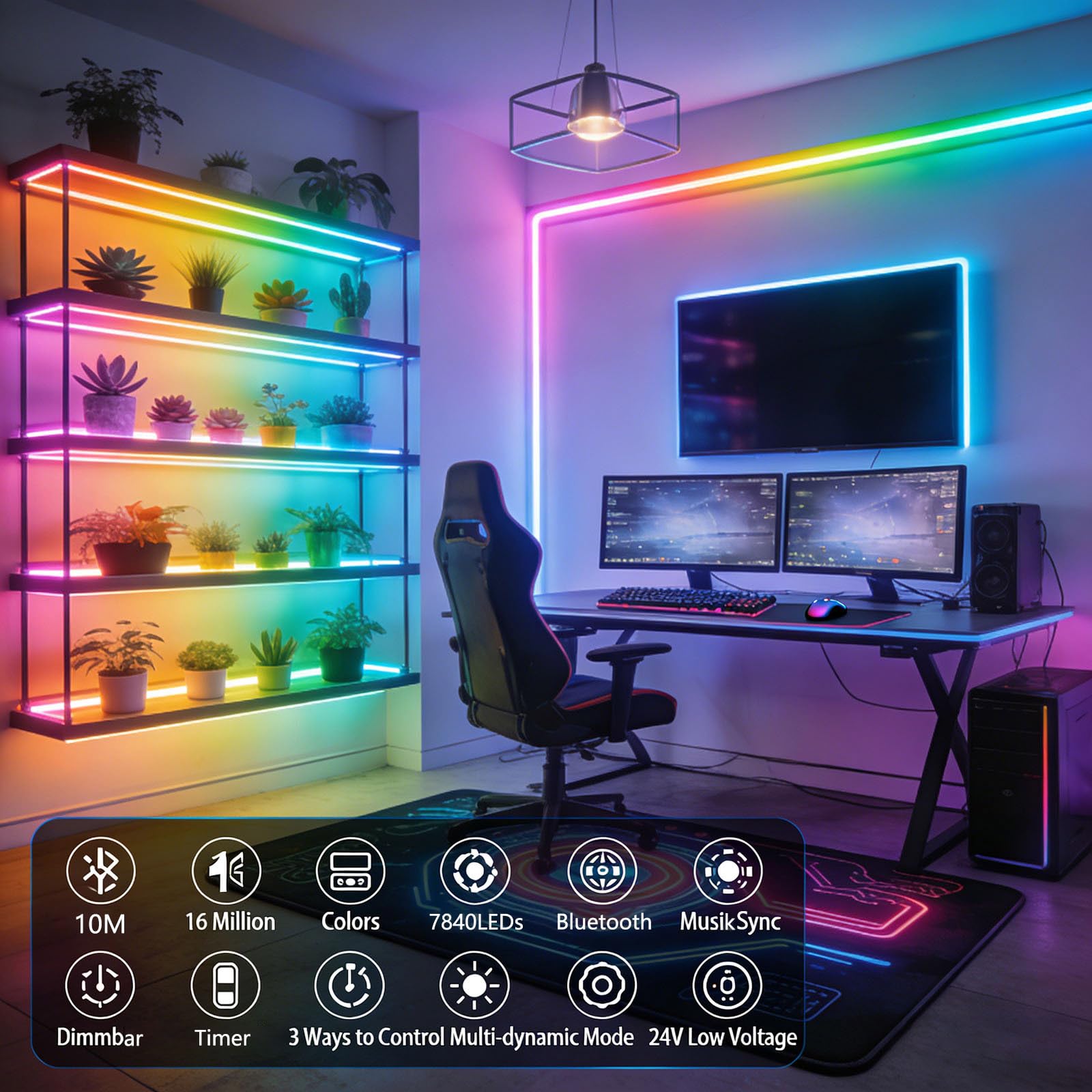 RGBW IC COB LED Streifen 10m 24V WS2811 Adressierbare CRI 90+ Kit | RGB+6000K Kaltweiß 7840 LEDs Mehrfarbig Dimmbar Selbstklebend APP Steuerung Musik Sync für Wohnzimmer Gaming Party Deko