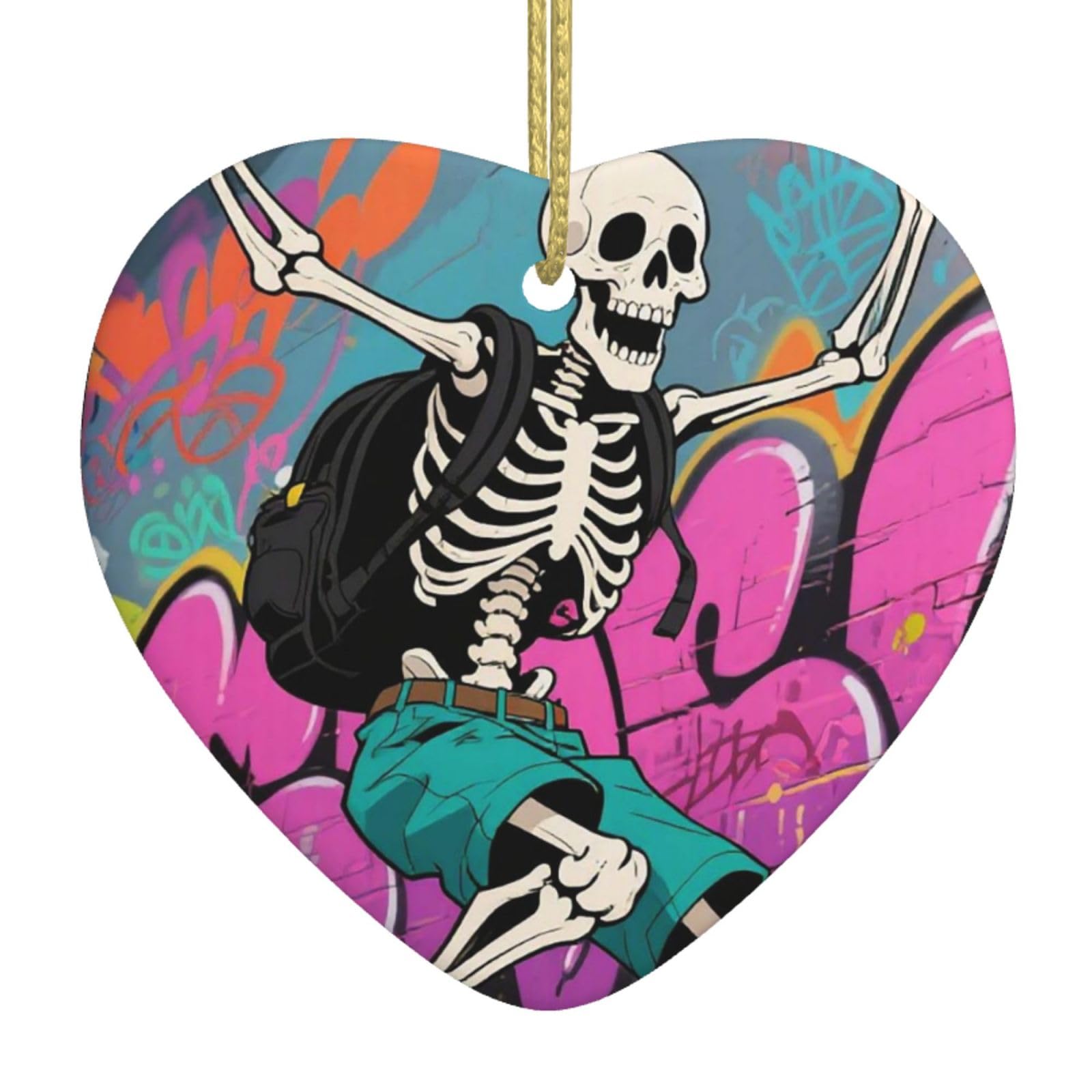 Skateboard Skeleton Skull Christmas Ornament 2025 Heart Ceramic Hanging Ornaments for Home Decor Christmas Decorations with Gold Rope Double-Sided Xmas Tree Ceramic Hanging for Holiday Party