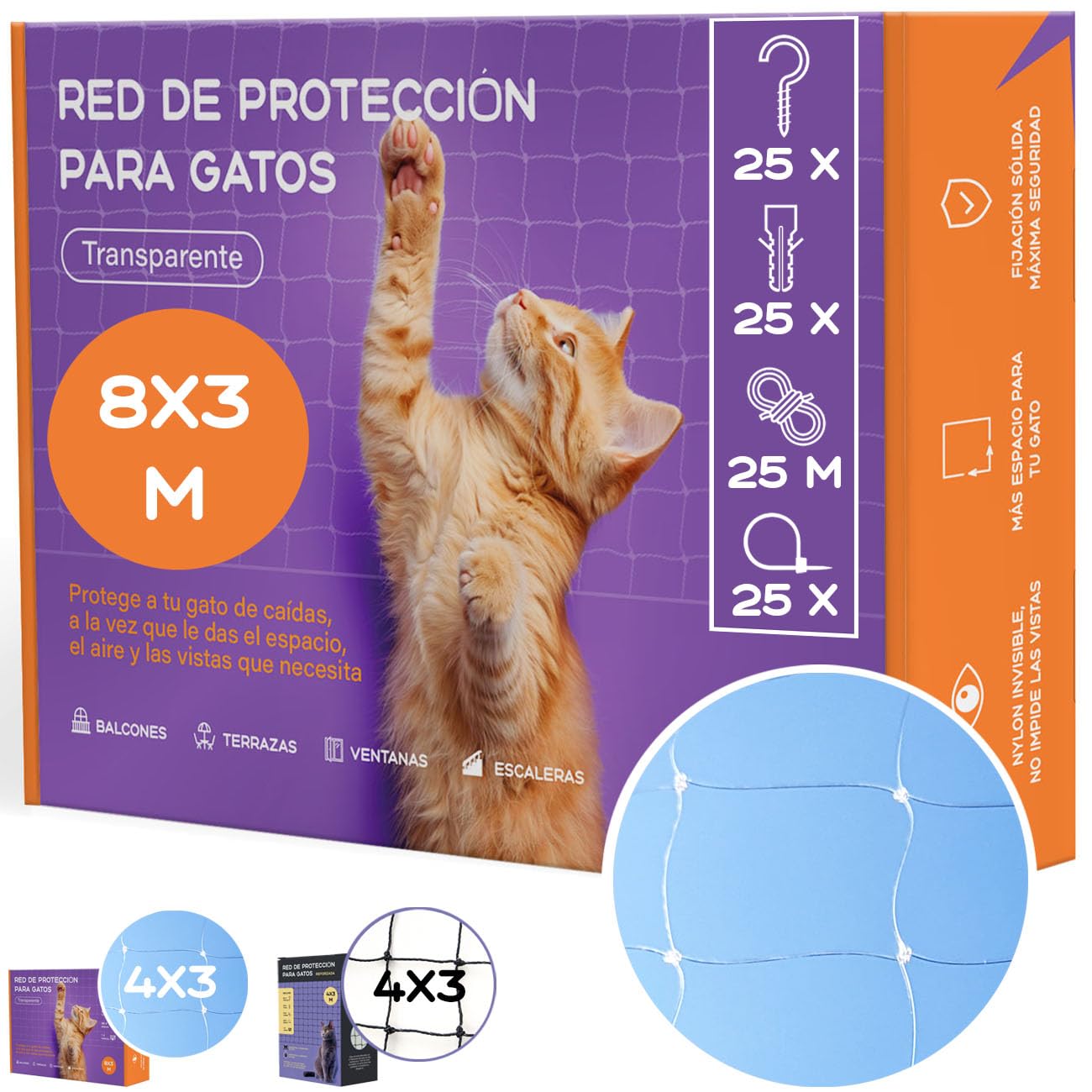 Mablik® Red para Gatos Terraza 3x8m Transparente + Kit de Instalación + Instrucciones. Malla Protectora Balcon y Ventanas de Nylon. Trama 3x3cm. Seguridad y protección para tu Gato (3x8m)