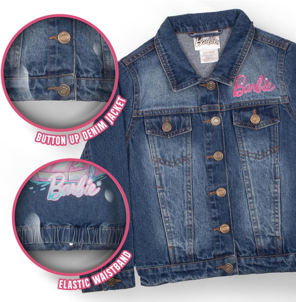 Barbie Girl's Button Up Jean Jacket - Fashion Denim Jacket Print for Kids
