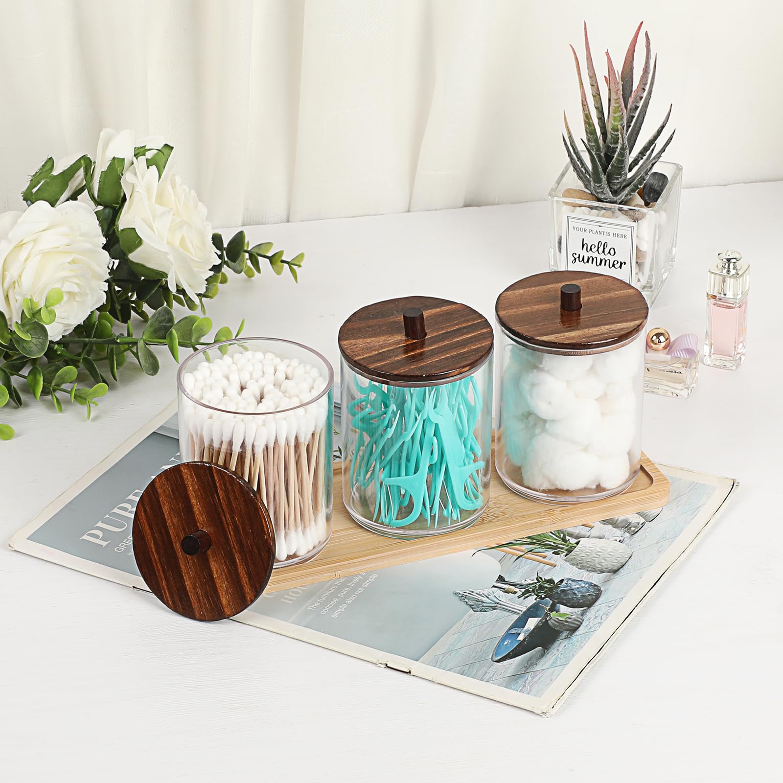 GUSHBIN 3 Pcs Clear Acrylic Qtip Holder with Brown Wood Lid Bathroom Accessories Storage Box with Tray for Cotton Swab Candy Jar Qtip Dispenser for Bathroom Living Room Office