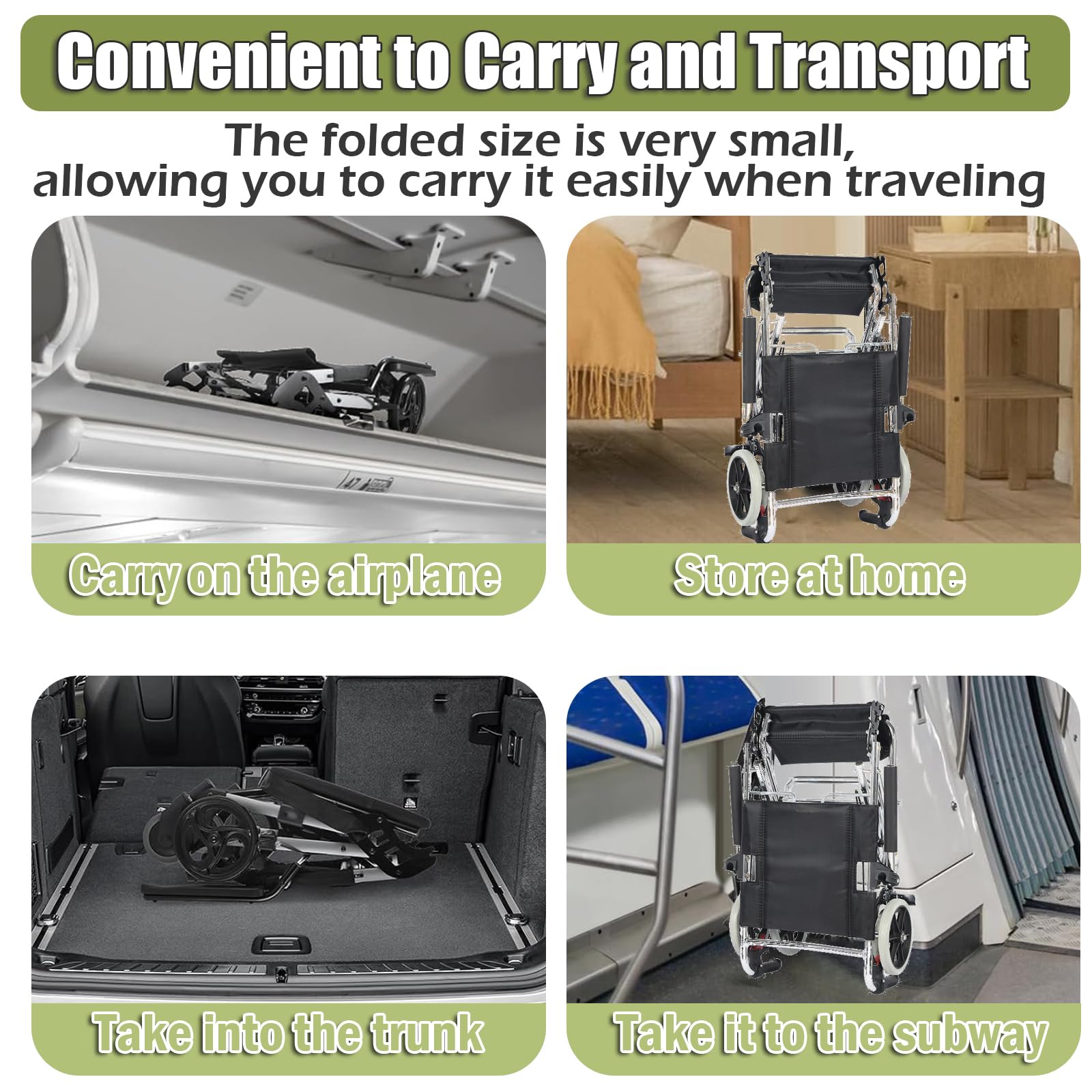 Silla de ruedas portátil de tránsito, sillas de ruedas de transporte plegables para adultos y personas mayores, silla de ruedas de aluminio ligera para ancianos,Negro