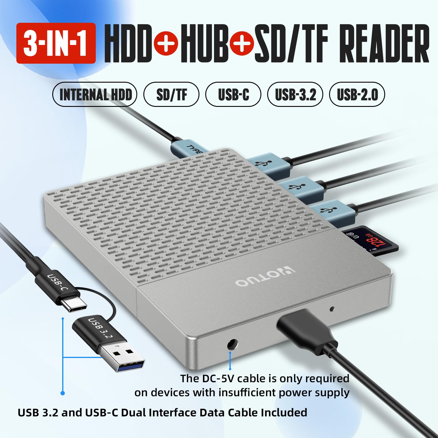 YOTUO Estación de acoplamiento de almacenamiento de disco duro externo, concentrador USB-C + HDD 7 en 1, USB 3.0, tarjeta SD/TF, HDD para Windows, Mac, Android, TV, teléfono, portátil, computadora de