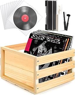 Vinyl Record Storage Crate with 50 Pack Clear Plastic Record Outer Sleeves and Vinyl Cleaning Kit Wooden LP Album Holder Cleaner Solution Album Protection
