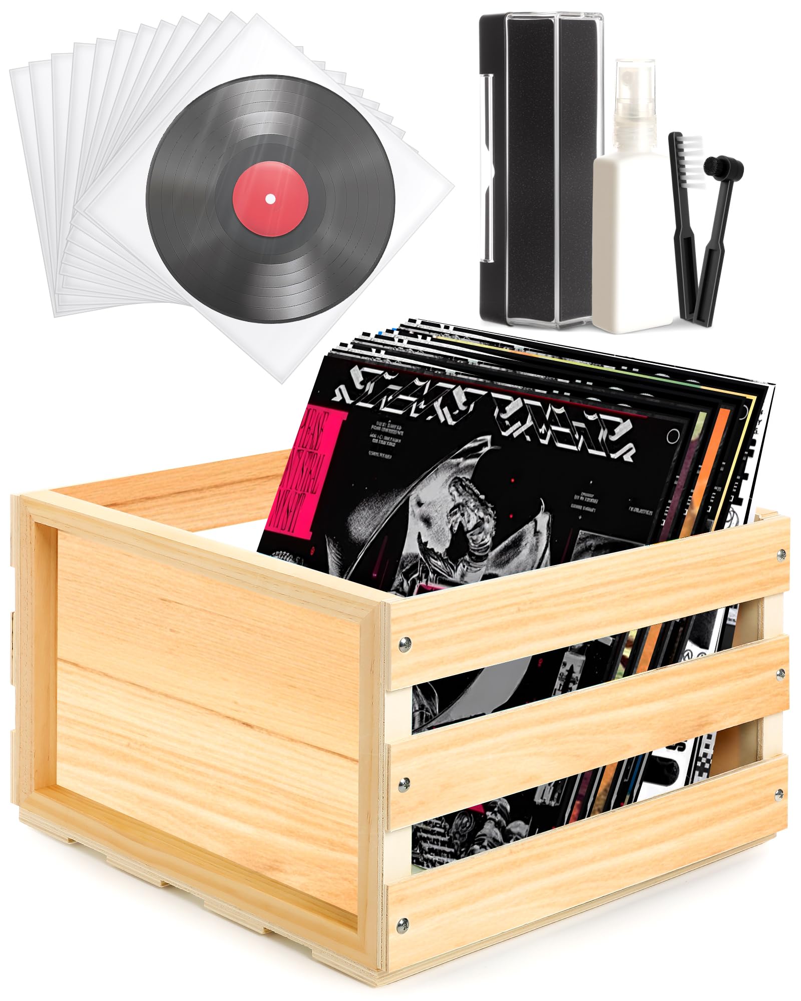 Caisse de rangement pour disques vinyles en bois noble avec kit de soin