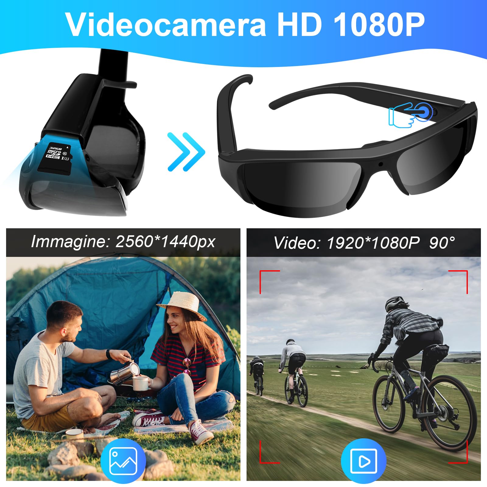 Occhiali da Sole Sport Mini Telecamera Hd 1080p Occhiali Mini Action Camera, Occhiali da Sole Sport Action Camera da 32Gb Per Escursionismo, Equitazione Attività All'aperto Registrazione - Nero
