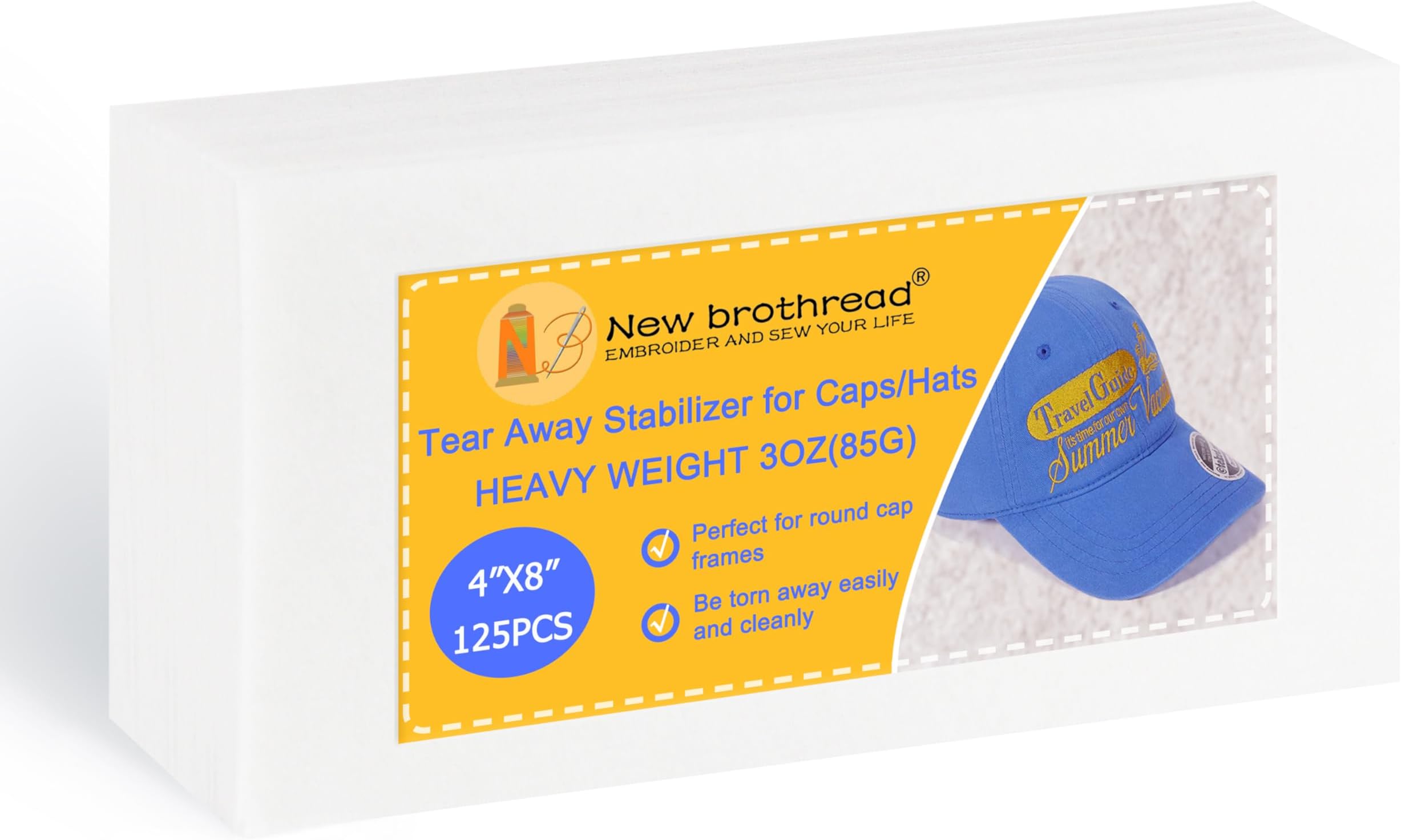 New brothread Tearaway Embroidery Stabilizer Backing for Caps and Hats - 4" x 8" 125 Precut Sheets - Heavy Weight 3oz