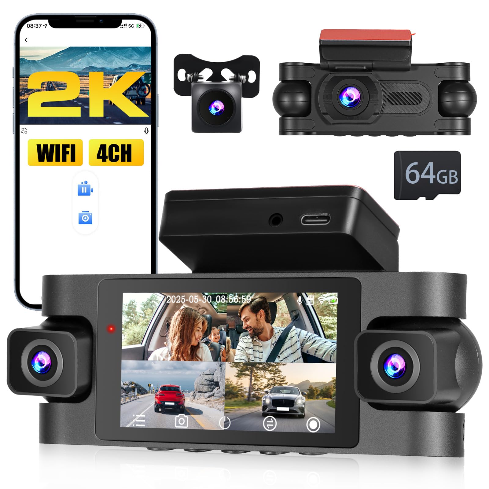 Inefala 2K WiFi 4-kanałowa kamera samochodowa Dash Cam, 2K przedni i tylny przedni 1080P wewnętrzny lewy i prawy kamera samochodowa z kartą 64 GB, nagrywanie w pętli, czujnik G