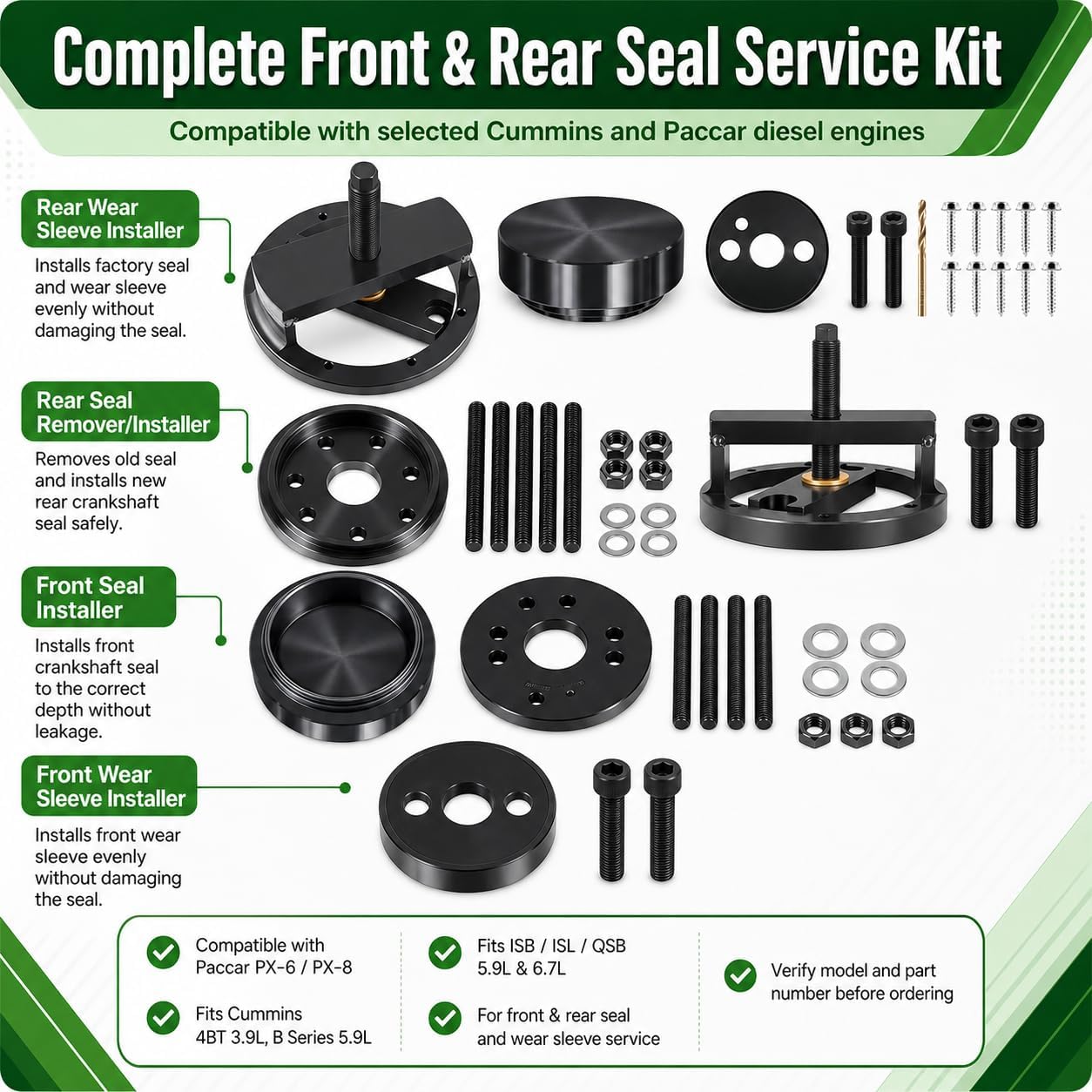 Front+Rear Crankshaft Seal Main Crankshaft Seal & Wear Sleeve Installer Tool Kit,Compatible with Cummins 3.9L 5.9L 6.7L 1989-2016 Replace 1338 3824498 5046 3824500 3164660 ST-224C 3824078 5395259
