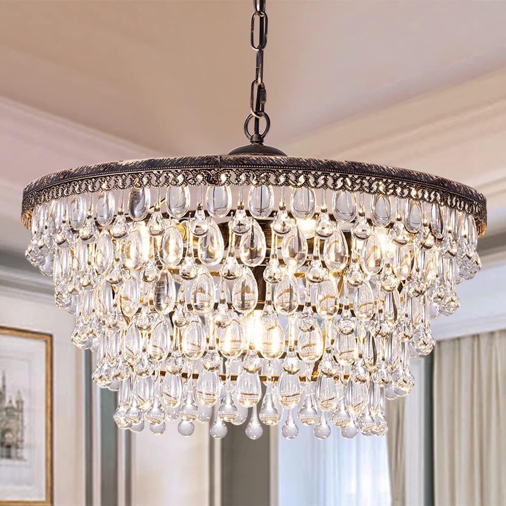 Crystal Chandelier, 6-Light 5 Tiers Farmhouse Bronze Ceiling Lighting Fixture, Modern Foyer Dining Room Chandeliers for Bedroom, Hallway, Bar, Kitchen, W20-inch