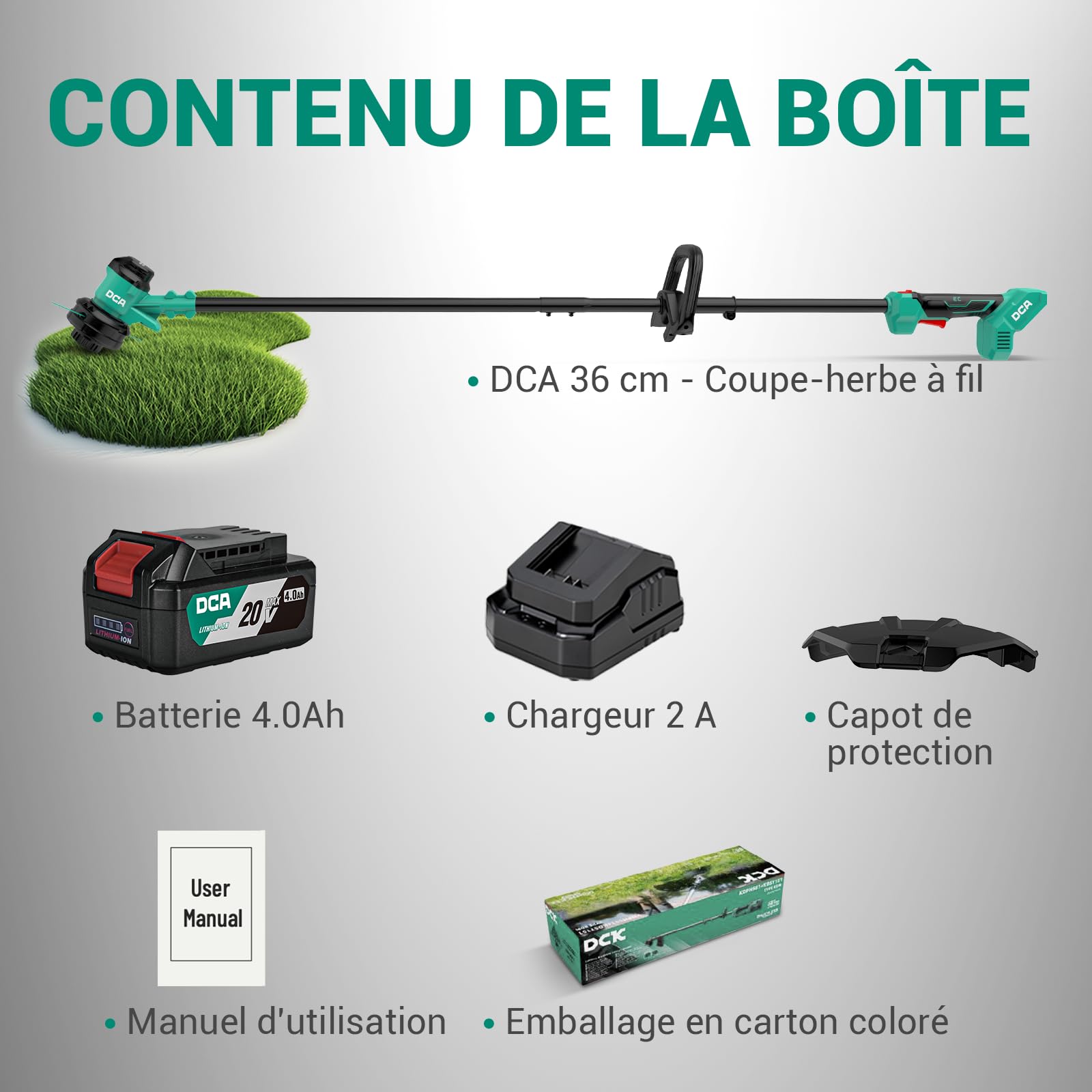 DCA Taille-Bordures sans Fil 20V, 2-en-1, Largeur de Coupe 35 cm et Vitesse 6000 RPM, Batterie 4,0 Ah, Chargeur pour travaux de Jardin et d'extérieur, ADST20141