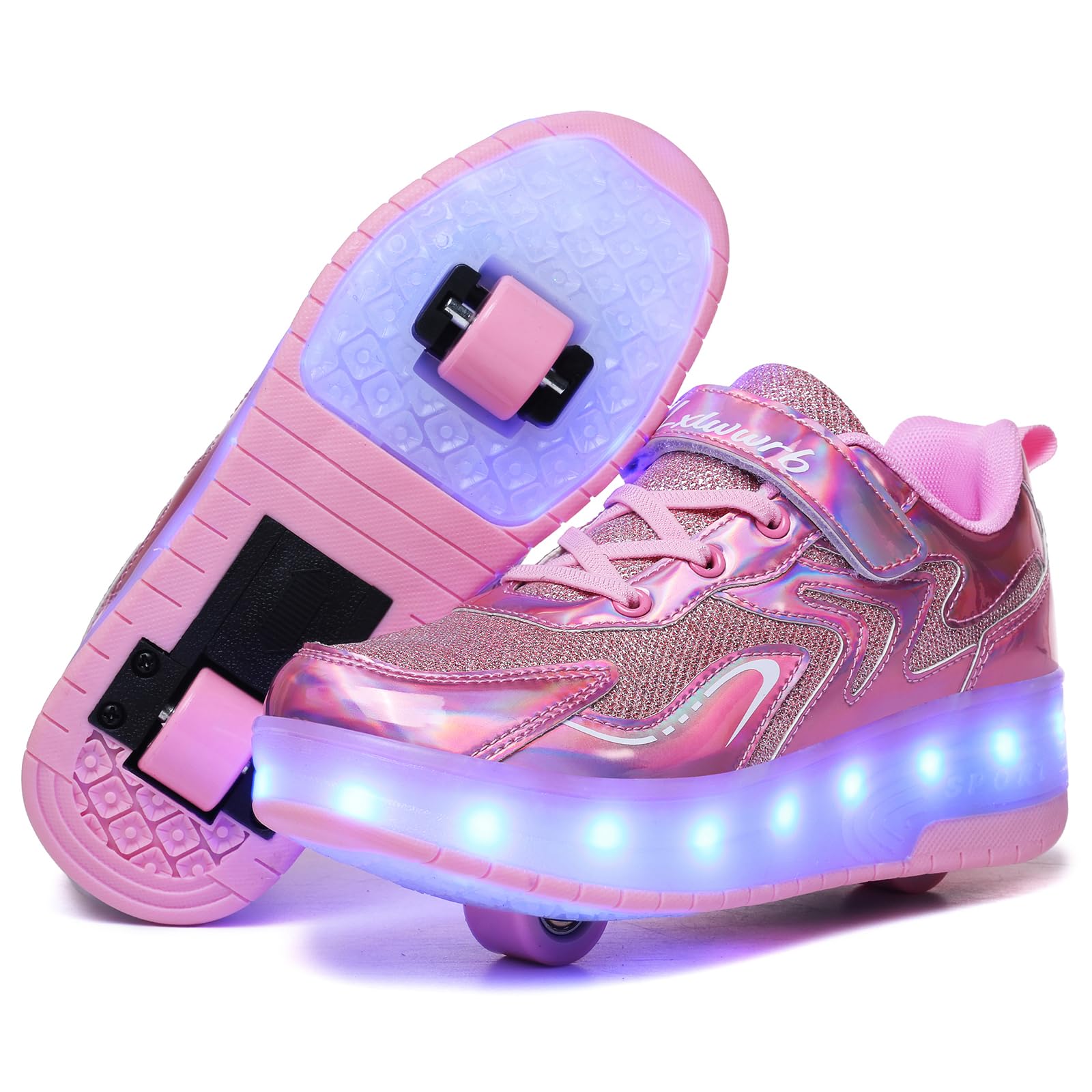 Girls Roller Shoes LED Lights Up Sneakers with Wheels Removable Lightweight Roller Skates Boyss Beginners Trainers Skate Comfortable Sports Footwear Athletic USB Charge Sneaker Kids Gifts