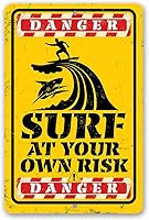 Vista 1 de Beach Decor - Surf At Your Own Risk Danger - Beach Sign Metal Sign - Wall Art Beach Signs for Indoor/Outdoor - Beach Decor for Bedroom, Pool