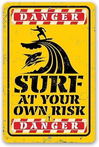 Beach Decor - Surf At Your Own Risk Danger - Beach Sign Metal Sign - Wall Art Beach Signs for Indoor/Outdoor - Beach Decor for Bedroom, Pool
