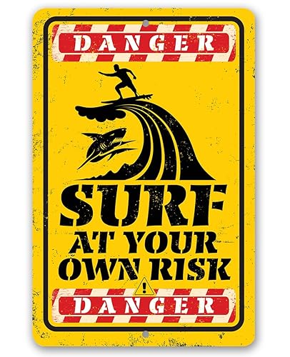 Miniatura 1 de Beach Decor - Surf At Your Own Risk Danger - Beach Sign Metal Sign - Wall Art Beach Signs for IndoorOutdoor - Beach Decor for Bedroom, Pool