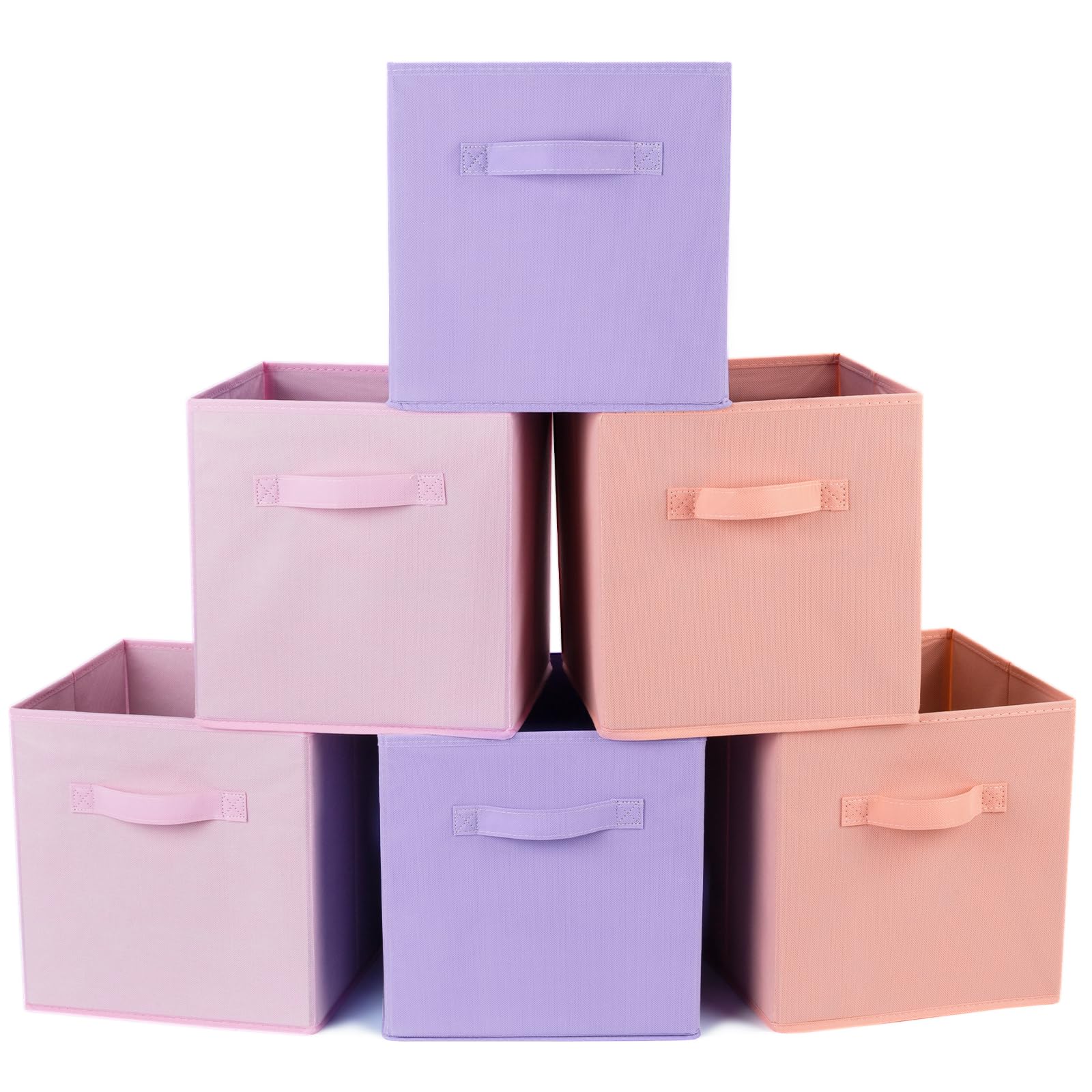 fabric storage bins 6 pack 13 inch foldable storage cubes with reinforced handles fun colored durable cube storage bin for home, playroom, closet organizers and storage purple, pink, peach