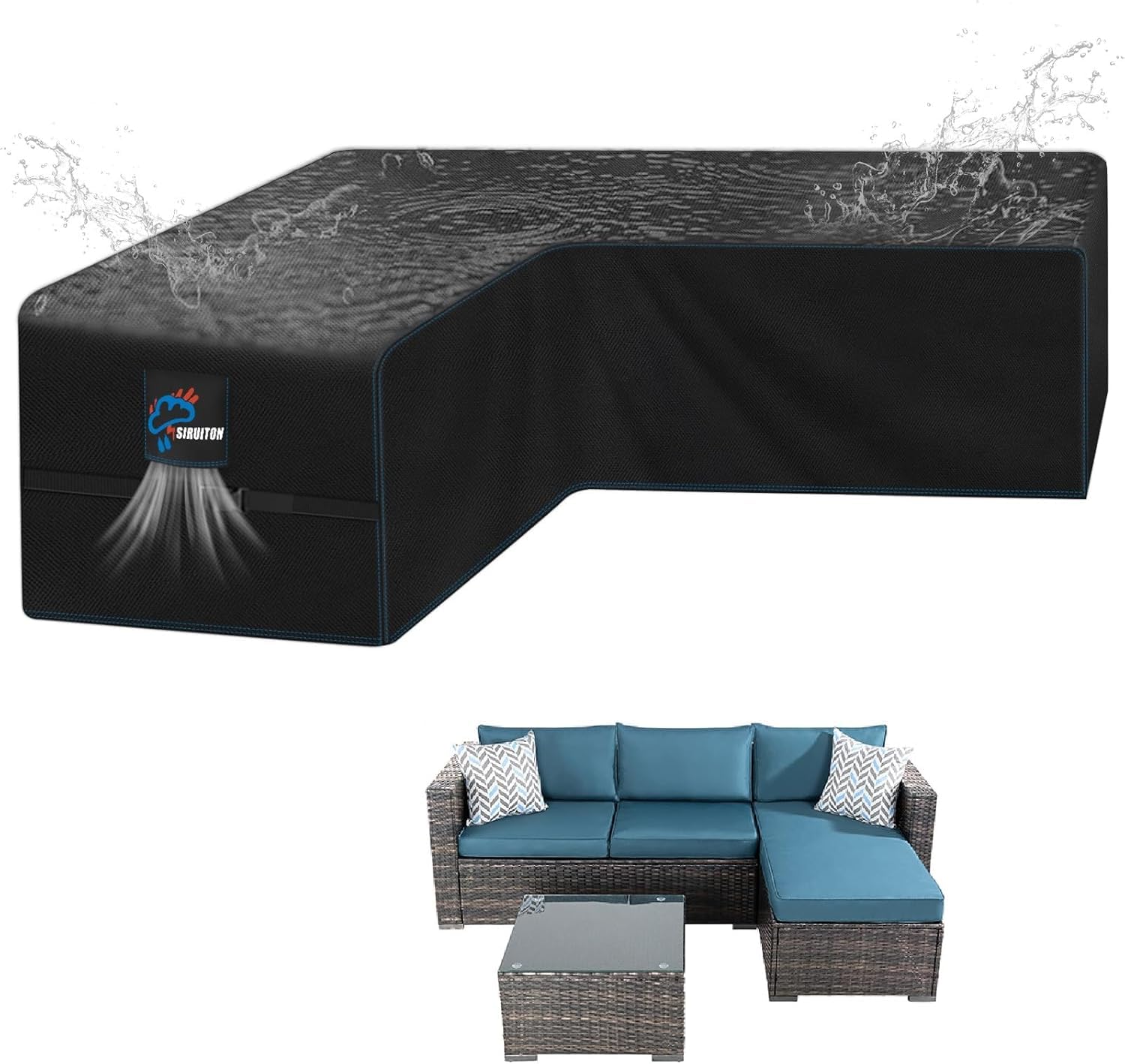 SIRUITON Housse de canapé en rotin en forme de V, imperméable et résistante aux déchirures, tissu Oxford 420D, durable pour extérieur, en forme de L avec ruban adhésif imperméable, 270 x 270 x 90 cm