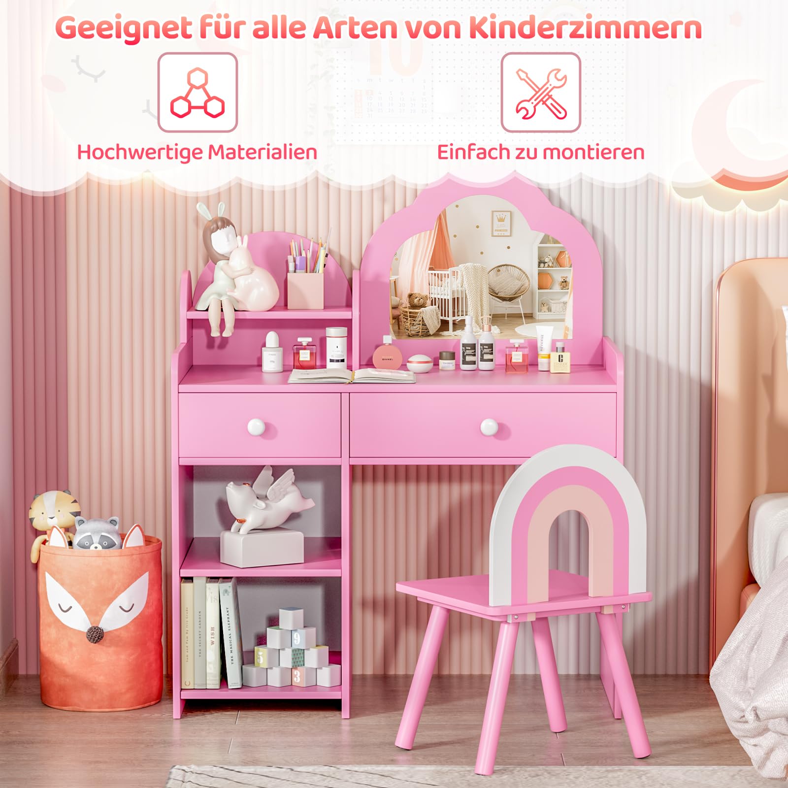 MAMIZO Tocador Infantil con Taburete y Espejo, Tocador para Niños con Cajón, con Forma de Nube, Robusto y Estable, 2 en 1 Mesa de Maquillaje Infantil 3,5x40x90,5cm, para 3-8 Años (Rosa)