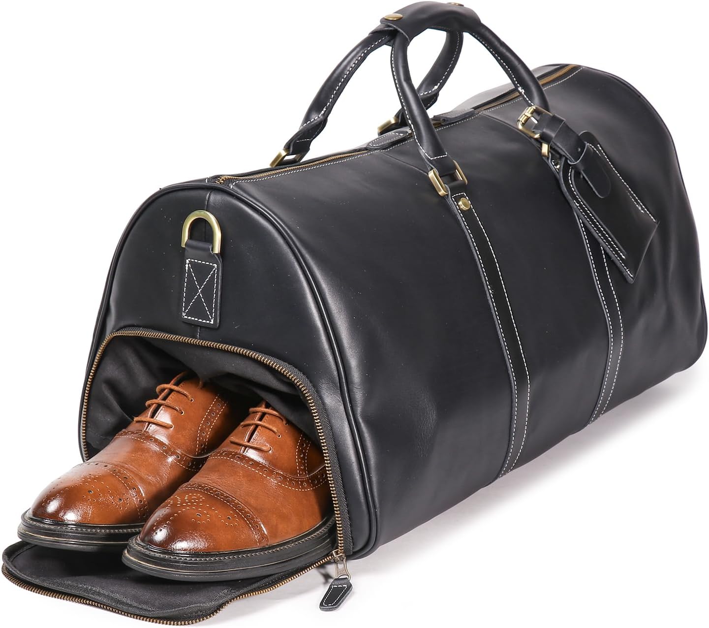 Mens Leather Weekend Bag Full Grain Classic Leather Duffel Bags YKK Zipper for Sports Vintage Travel Luggage Overnight Duffle Bags (Black, 22 Inch)