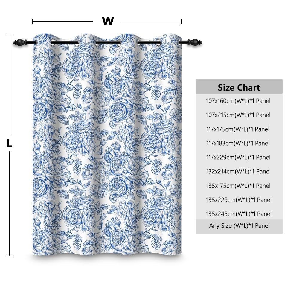 135x245cm Rideau occultant à Motif Floral Fleur de Roses Bleues Rétro Peinture Rideaux œillets Isolation Thermique Traitements fenêtre à œillets pour Salon Chambre Salle à Manger 1 Panneau