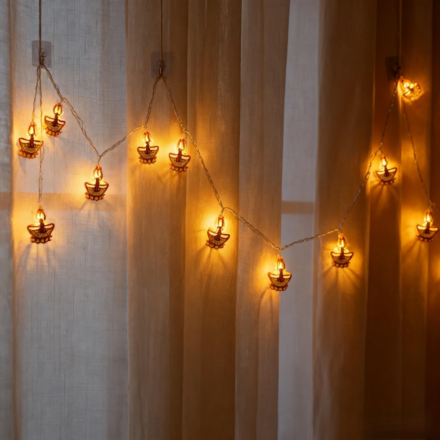 KYMY Diwali String Lights, 10ft 20 LED Battery Operated Deepavali Rangoli Curtain Warm Lights, India Festival of Lights Lotus Diyas Party Decorations for Hindu Wedding, Wall, Window, Fence Supplies image 2