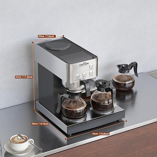 Miniatura 7 de crosson Cafetera comercial de 12 tazas con 4 calentadores y 4 decantadores de vidrio, cafetera de goteo con carcasa de acero inoxidable y embudo 304