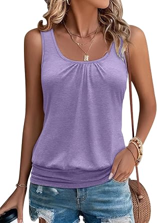 Micticsi Womens Banded Bottom Scoop Neck Tank Tops Pleated Loose Fit Sleeveless Tops Summer Outfits Clothes Light Purple X-Large