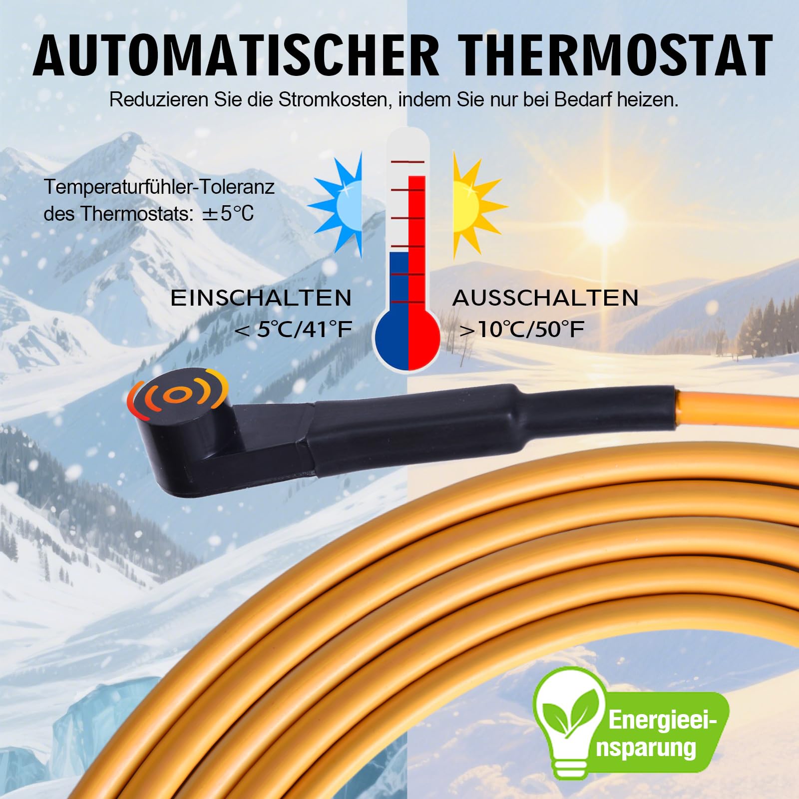 2m Frostschutz Heizkabel mit Automatischer Thermostat, Begleitheizung Wasserdichte 15W/m 230V, Rohrbegleitheizung für Wasserleitung,Pflanzen, Dachrinnen, Palmen