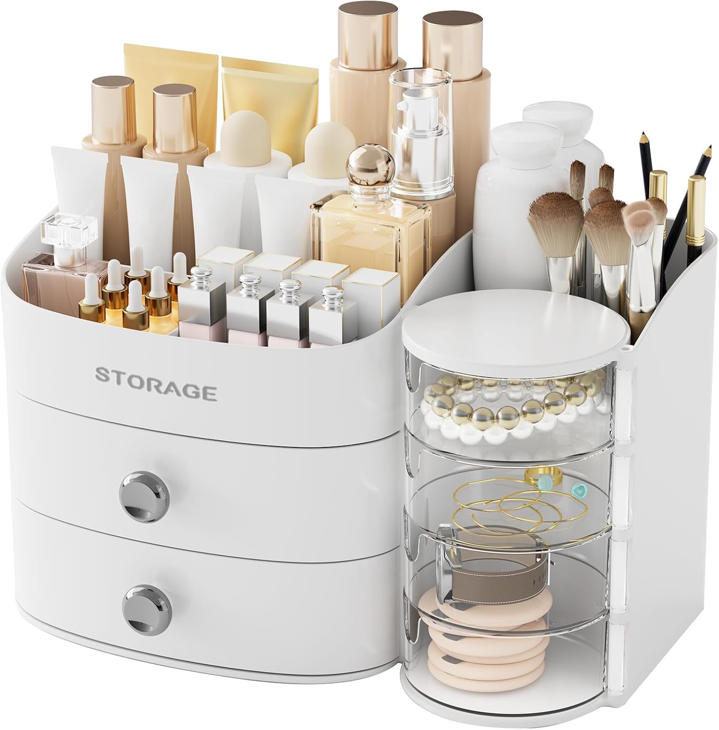 Makeup Organizer Countertop with Drawers, Make up Organizers for Vanity, Skincare Jewelry Earring Organizers, Cosmetic Display Cases Makeup Storage for Bedroom & Bathroom, Ideal Gifts for Women(White) New Style White