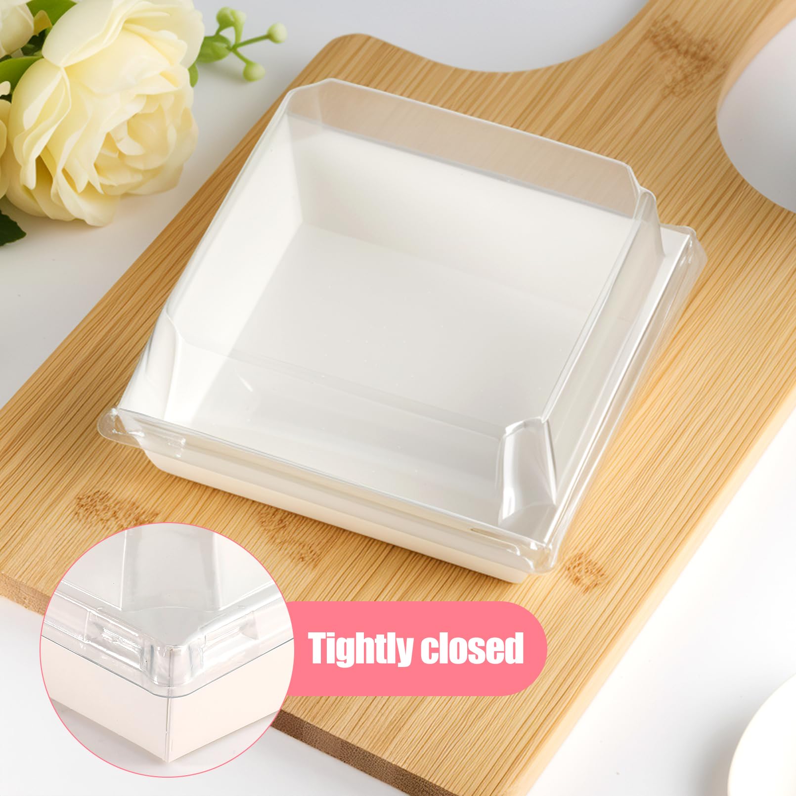 100 Stück Papier Charcuterie Boxen,10x10cm Kuchenschachteln mit Transparentem Deckel, Quadratische To-Go-Lebensmittelbehälter, Wiederverwendbar Dessertboxen für Sandwich Desserts Partys (Weiß)