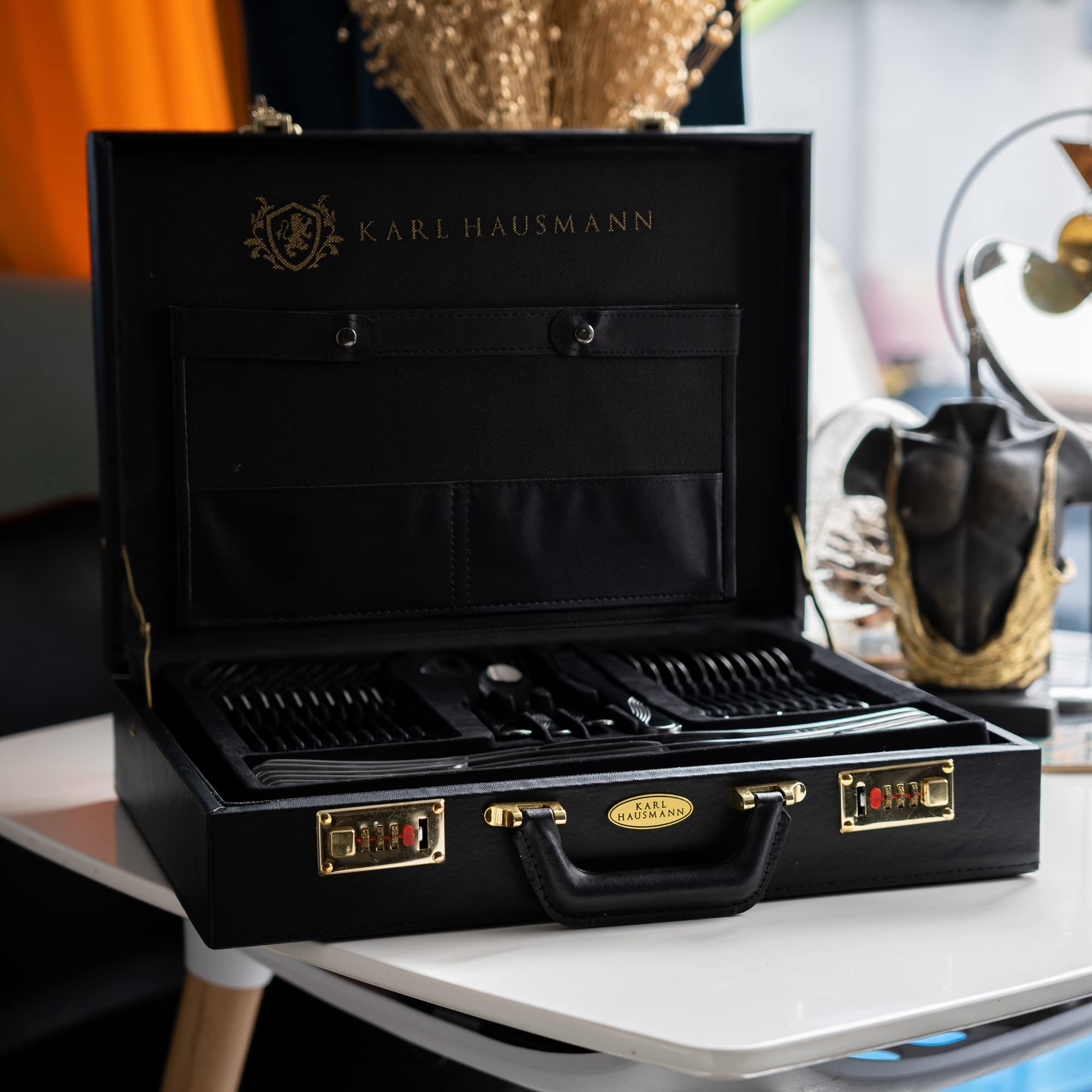 KARL HAUSMANN Cubertería 12 Personas, 72 Piezas Acero Inoxidable 18/0 con Maletín - Juego de Cubiertos con Cuchillos Tenedores Cucharas + Utensilios de Servicio, Pulido Brillante, Apto Lavavajillas