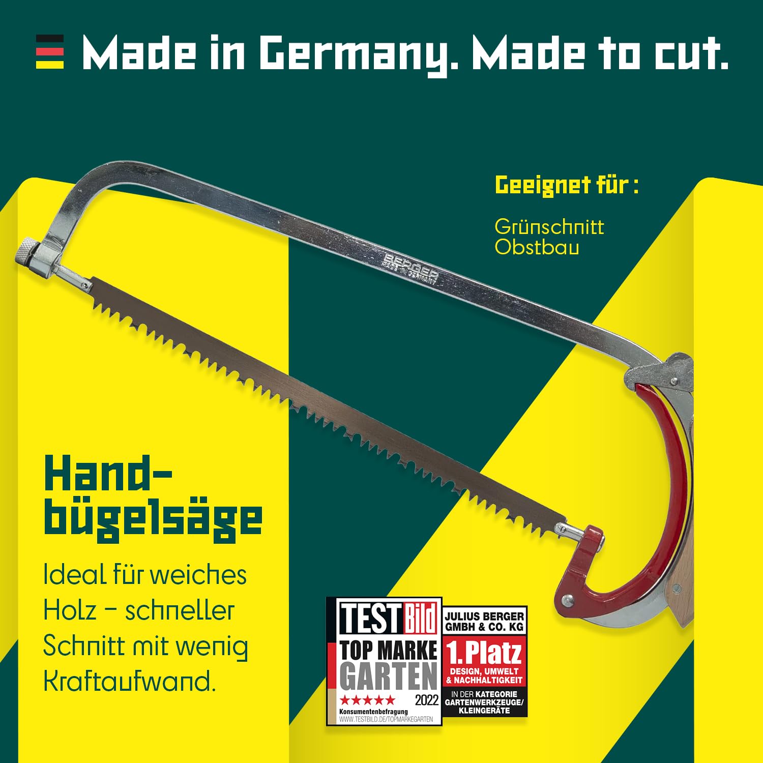 Berger I Bügelsäge 69042 mit Buchenholzgriff und stufenlos drehbarem Sägeblatt I Länge 35 cm I mit Schnellspannung I Baumsäge Handsäge I Astsäge I Made in Germany