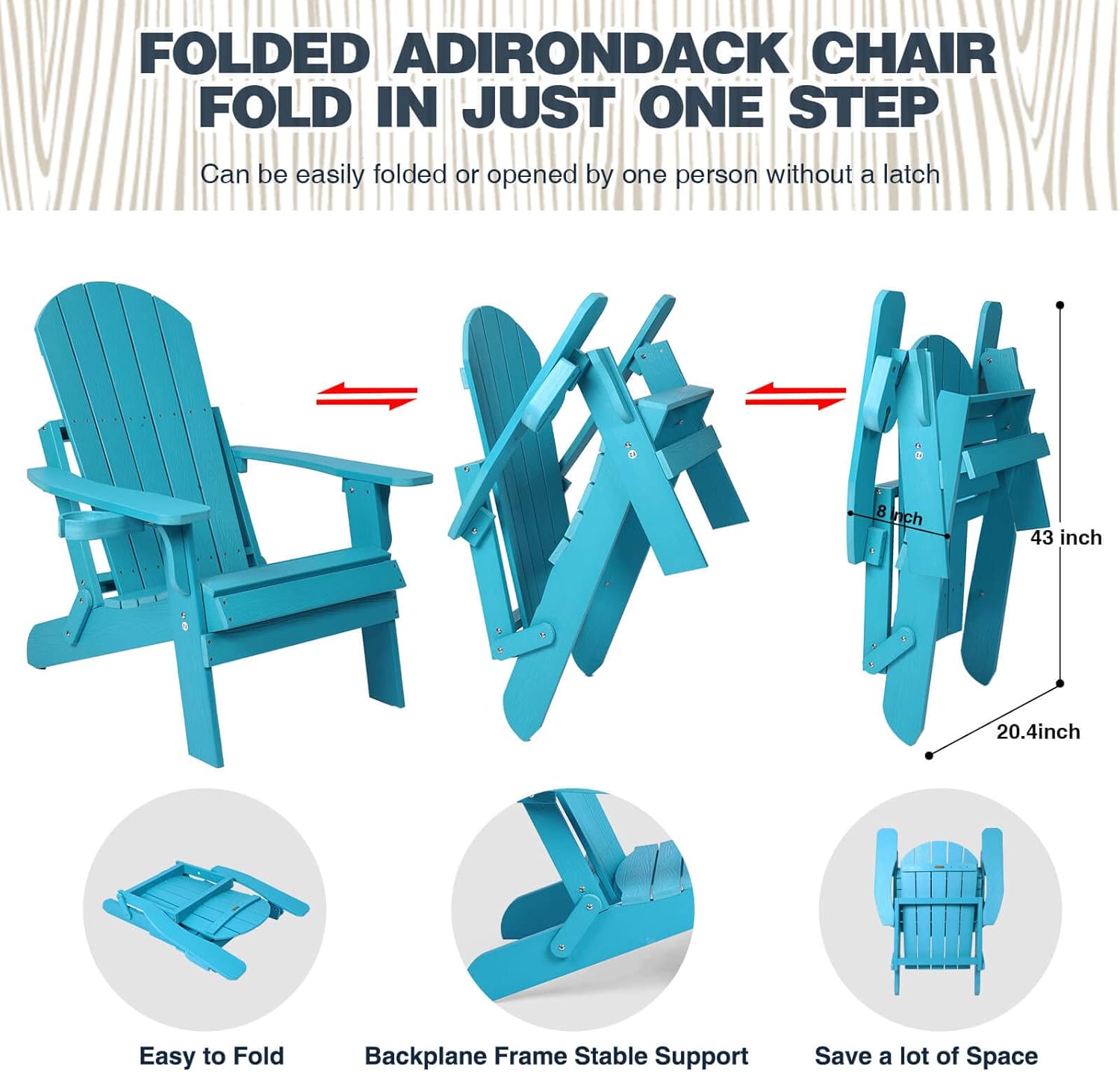 Folding Adirondack Chairs Set of 2, All Weather Resistant Plastic Chairs with Cup Holder, Fold or Unfold Easily in 1 Second, Outdoor Chairs for Patio, Garden, Backyard Deck, Lawn Fire Pit(Lake Blue)