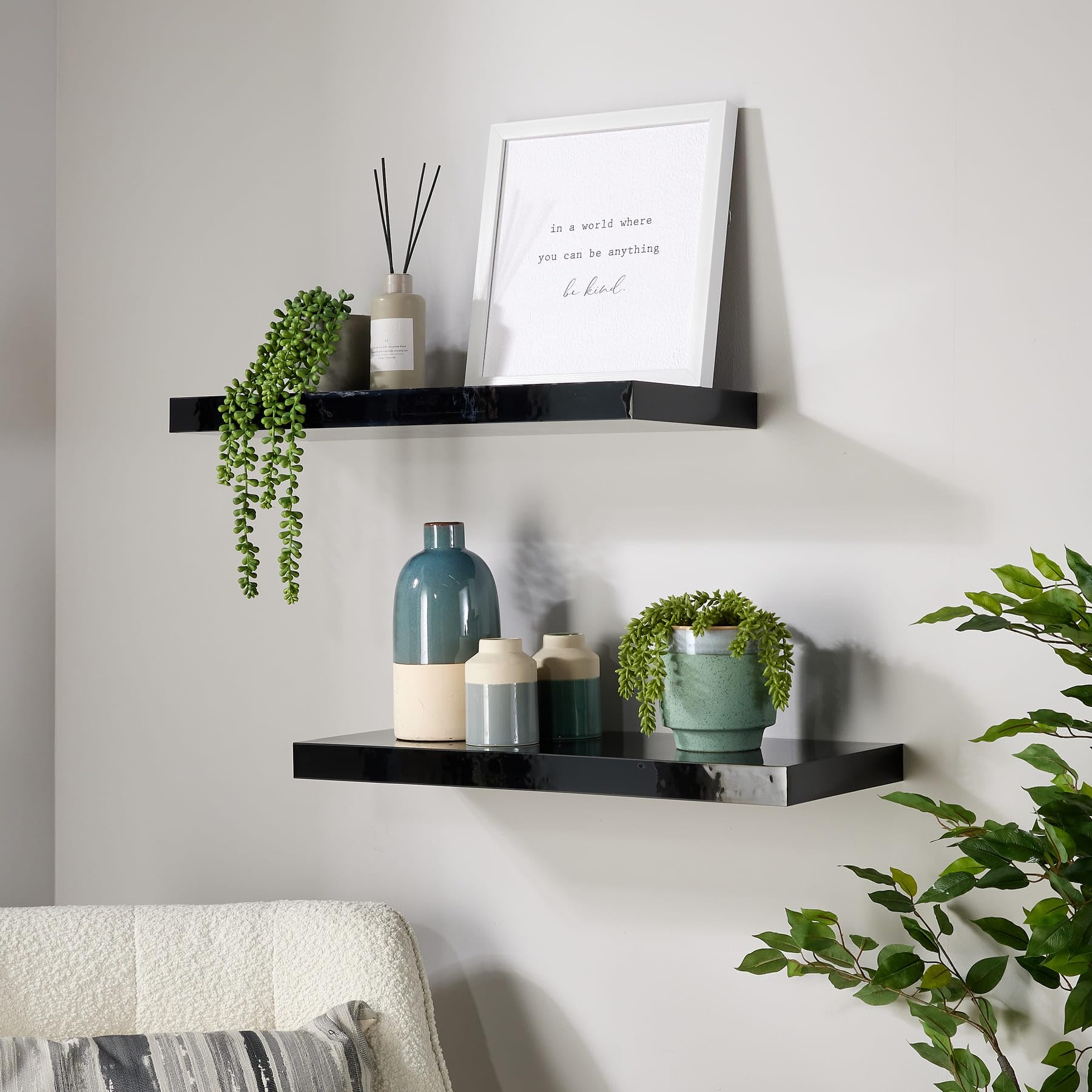 Home Source Pair Of 60Cm Floating Wall Mounted Shelves - Black Gloss 5056065443837