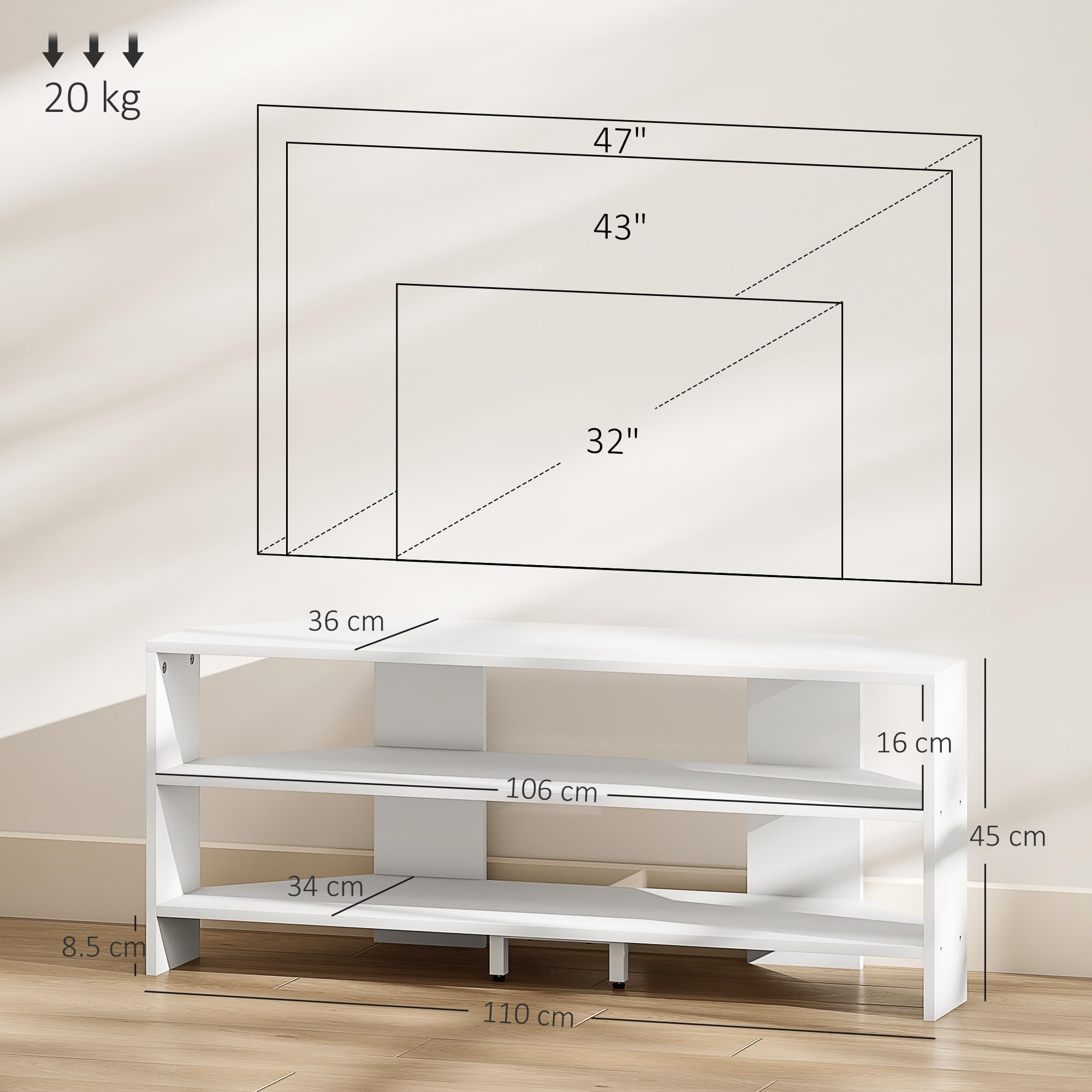 HOMCOM Mobile TV ad Angolo 47" max con 2 Ripiani Aperti, Mobile porta TV Moderno in Truciolato, per Camera da Letto e Soggiorno, 110x36x45 cm, Bianco