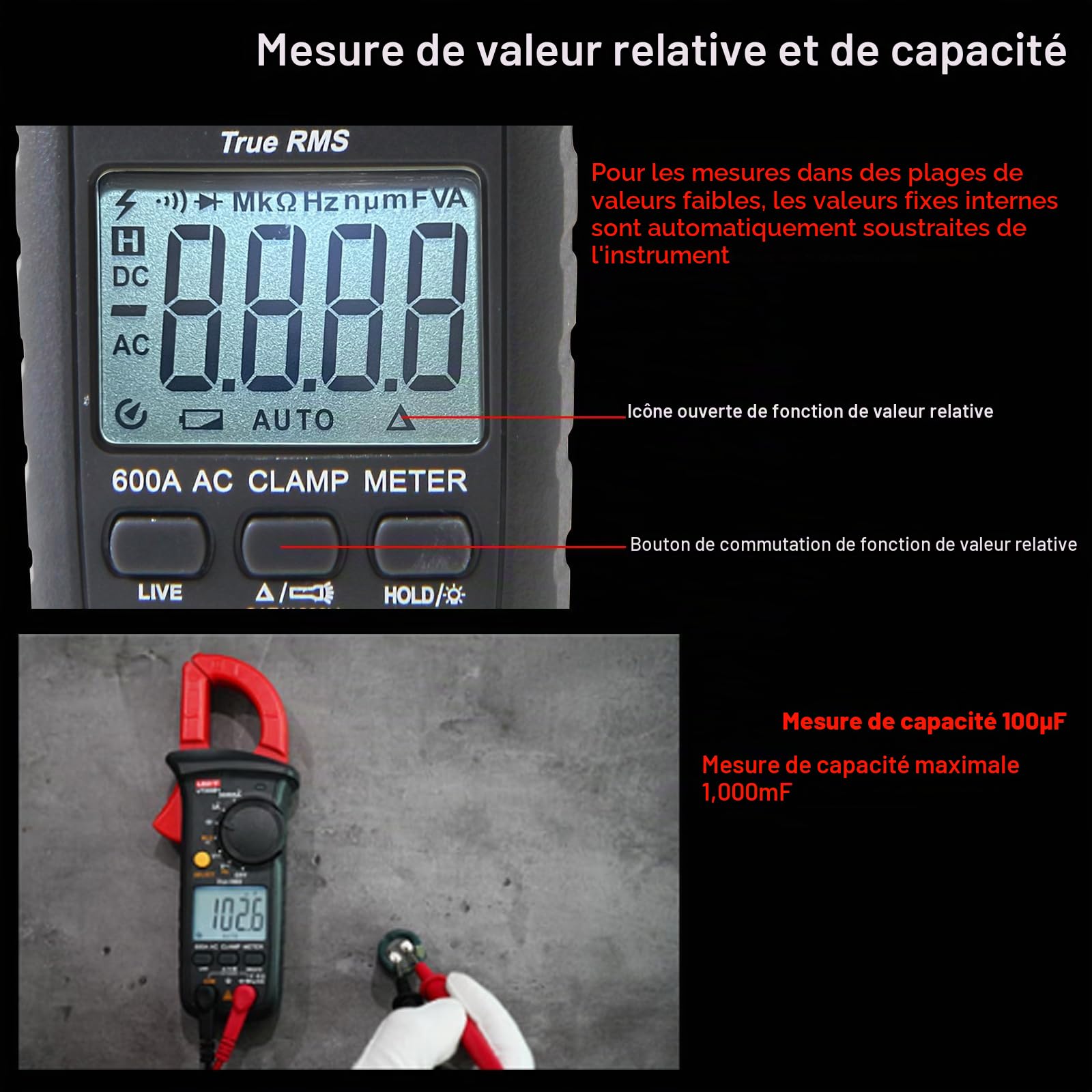 UNI-T UT200B+ Pince Ampèremétrique, True RMS Automatique Gamme Multimètre numérique Avec écran rétroéclairé, Mesure Tension AC/DC, Courant AC, Résistance, Continuité, Diode Amperemetre