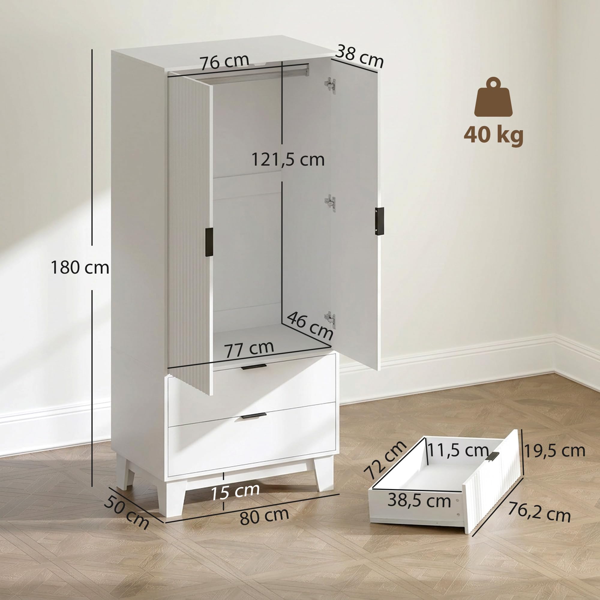 HOMCOM Armoire Chambre penderie avec 2 Portes cannelées à Fermeture Douce, 2 tiroirs et Barre de Suspension, Armoire à vêtements, Dressing, Style Moderne, 80 x 50 x 180 cm, Blanc