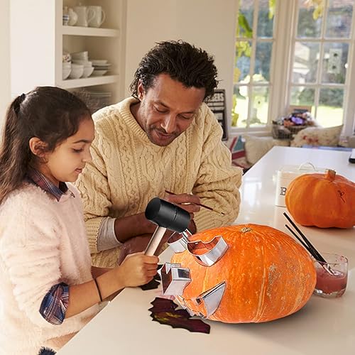 Miniatura 4 de Kit de tallado de calabaza, paquete de 13 plantillas de metal con martillo, herramientas de cuchillo de calabaza de acero inoxidable de alta calidad
