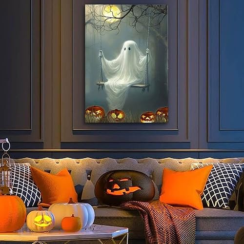 Miniatura 6 de Decoración de Halloween con diseño de fantasma en el columpio, lindo rostro de fantasma, arte espeluznante, regalo de Halloween, decoración para