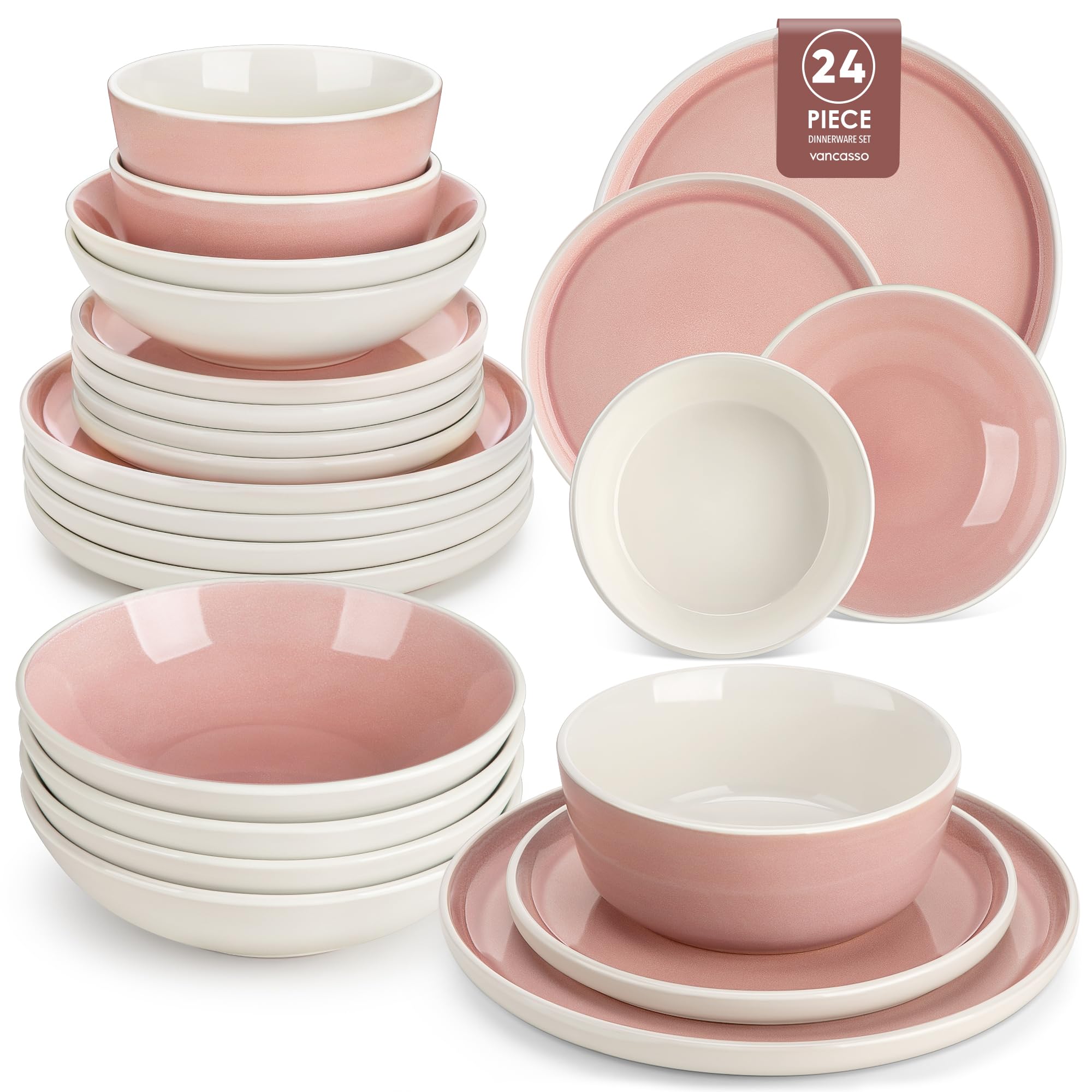 vancasso ELBA 24 Piece Dinner Set for 6, Durable Stoneware Plates and Bowls for Everyday Meals, Pink Reactive Glaze Set with Dinner Plates, Dessert Plates & Cereal Bowls, Microwave & Dishwasher Safe