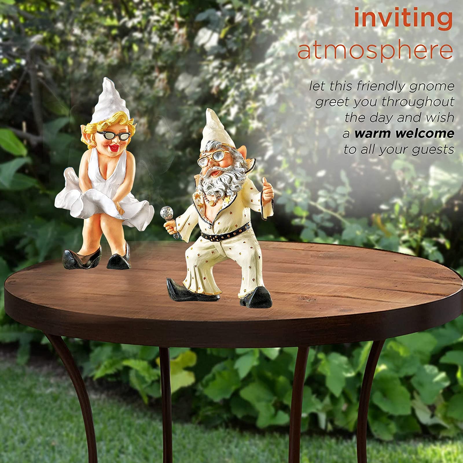 Specjalna statua krasnala ogrodowego, 2-częściowy zestaw rzeźb muzycznego krasnala ogrodowego, miniaturowe bajkowe dekoracje ogrodowe, zabawne figurki z żywicy na zewnątrz na trawnik przydomowy Pati