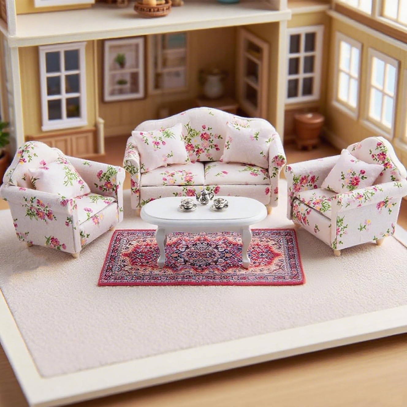 Minamzee 1:12 Dollhouse Sofa Furniture Set, 16Pcs Wooden Miniature Furniture Set, Dollhouse White Fabric Printed Double & Single Sofa with Pillow and Living Room Accessories