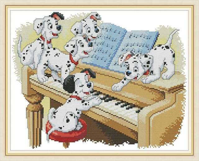 Cross Stitch Embroidery Kits for Adults Kids, WOWDECOR Lovely Spot Dog Animals Piano 11CT Stamped DIY DMC Needlework Easy Beginners (Dogs)