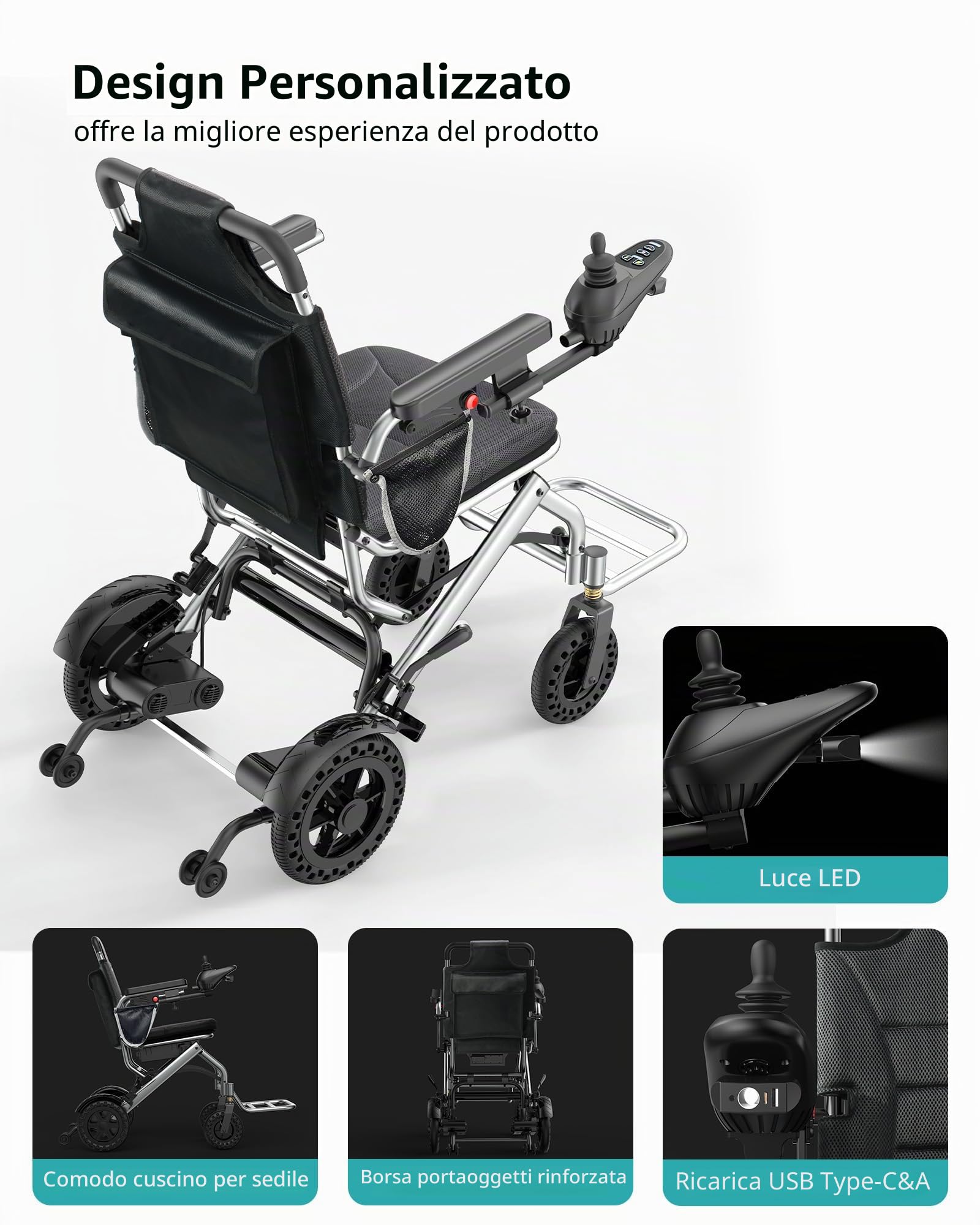 Sedie a rotelle elettriche leggere da 15 kg per adulti — Supporta fino a 150 kg, autonomia di 24 km e adatta per viaggi in aereo — Motore da 360 W per uso in casa, all'aperto e in viaggio, Argento