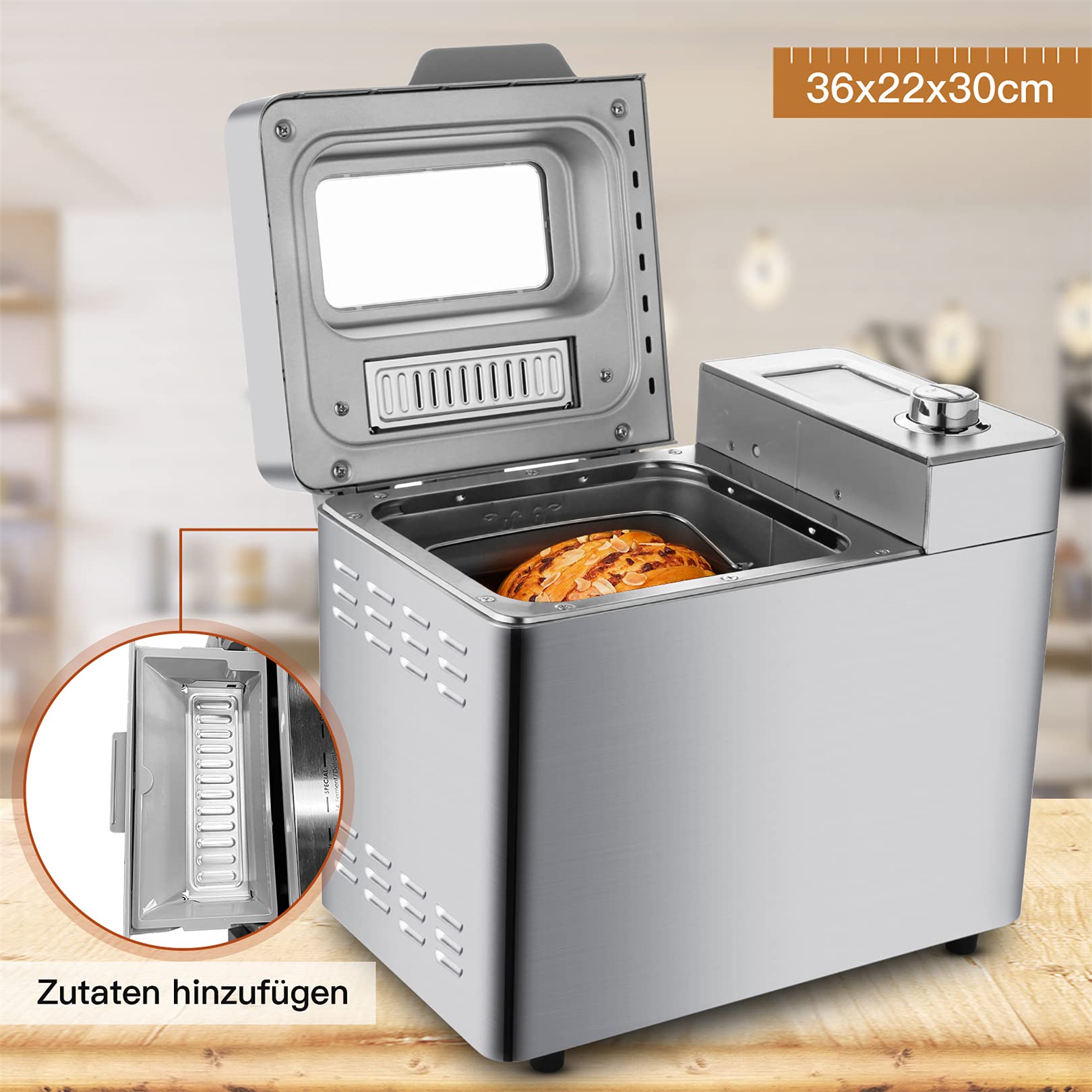 COOCHEER Macchina per il pane da 550 W con 25 programmi di cottura, contenitore per ingredienti automatico, 3 misure di pane e 3 colori di cottura