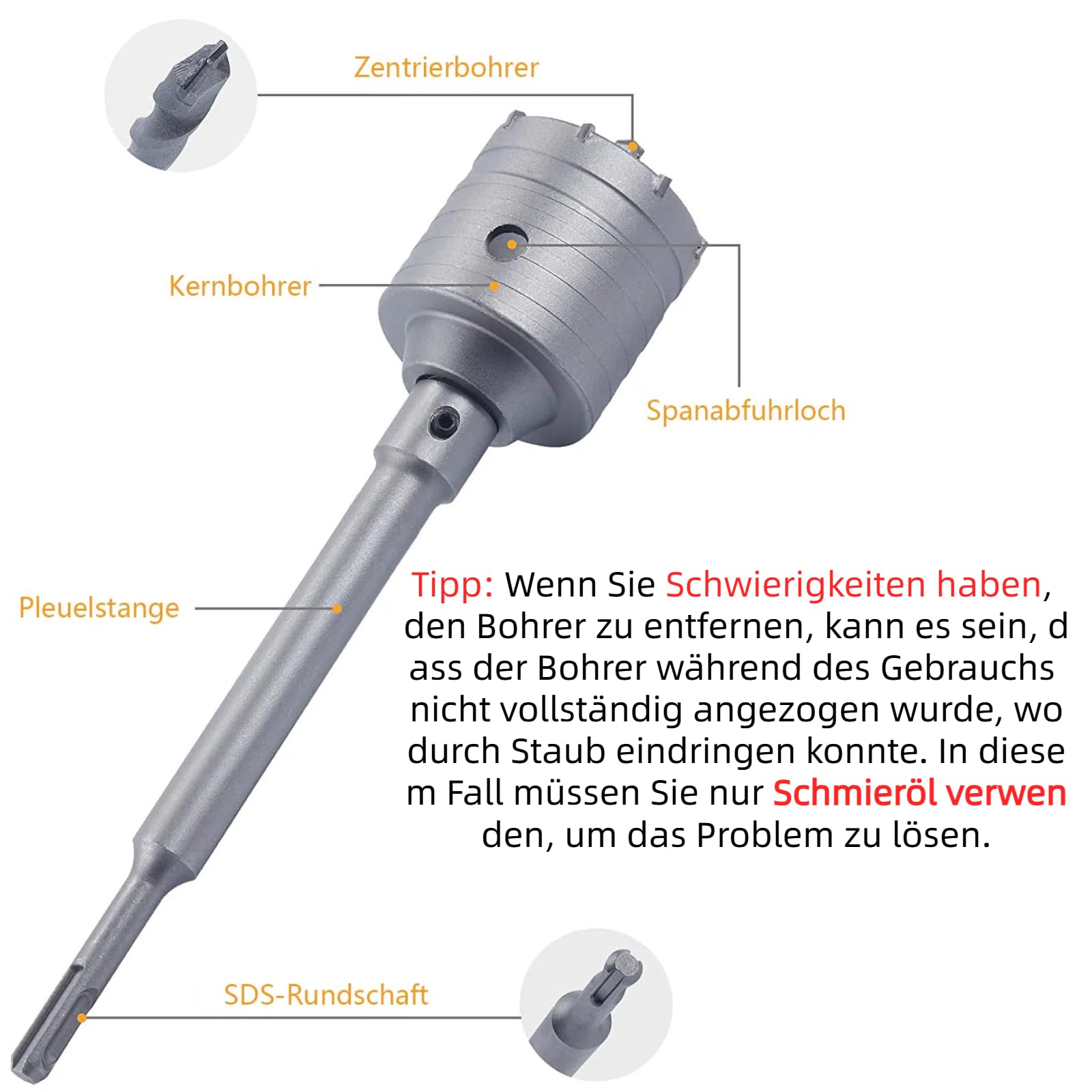 Beton Trocken Bohrkronen Set 6 Stück Ø 30 40 50 68 mm Kernbohrer mit 320 mm Rundgriff SDS Plus Schaft Hohlbohrkrone Set für Betonziegel Zement Steinwand Klimaanlage Mauerwerk Fliese