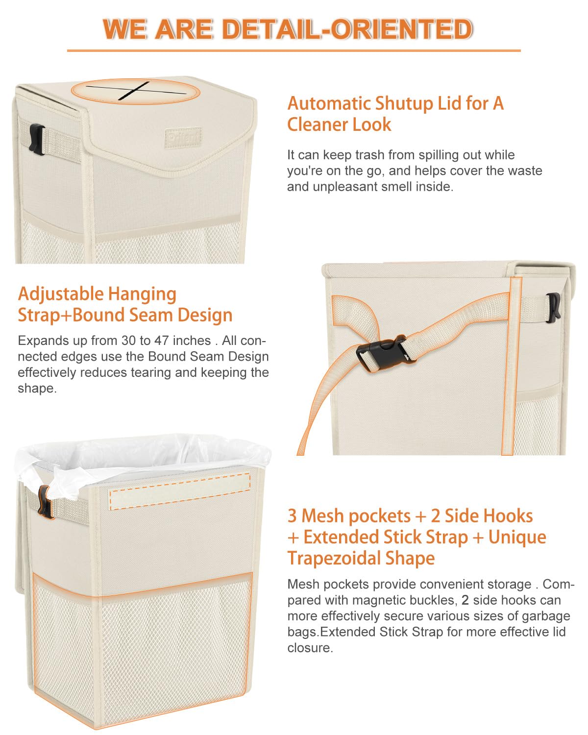 Pritent Poubelle de voiture avec couvercle, joli sac poubelle de voiture étanche à suspendre pour véhicule – Petite poubelle portable pour siège arrière/avant (12 litres, beige)